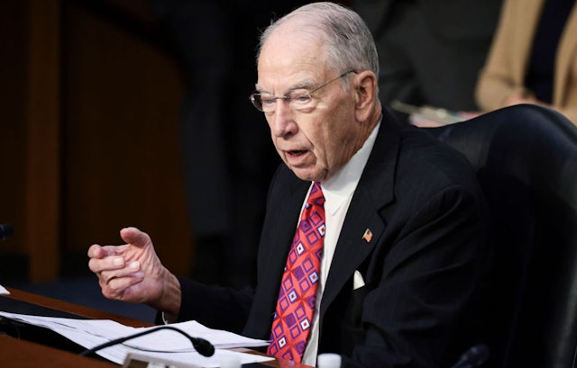 WASHINGTON, DC - SEPTEMBER 15: Ranking member Sen. Chuck Grassley (R-IA) speaks during a Senate Judiciary hearing about the Inspector General's report on the FBI handling of the Larry Nassar investigation of sexual abuse of Olympic gymnasts, on Capitol Hill on September 15, 2021 in Washington, DC. Maroney, along with other U.S. Gymnasts gave testimony on the abuse they experienced at the hand of Larry Nassar, the former US women's national gymnastics team doctor, and the FBI’s lack of urgency when handling their cases.