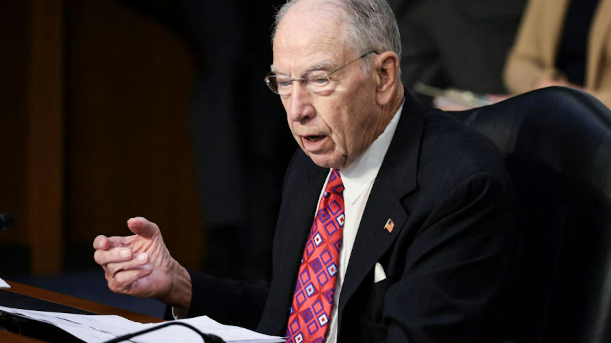 WASHINGTON, DC - SEPTEMBER 15: Ranking member Sen. Chuck Grassley (R-IA) speaks during a Senate Judiciary hearing about the Inspector General's report on the FBI handling of the Larry Nassar investigation of sexual abuse of Olympic gymnasts, on Capitol Hill on September 15, 2021 in Washington, DC. Maroney, along with other U.S. Gymnasts gave testimony on the abuse they experienced at the hand of Larry Nassar, the former US women's national gymnastics team doctor, and the FBI’s lack of urgency when handling their cases.