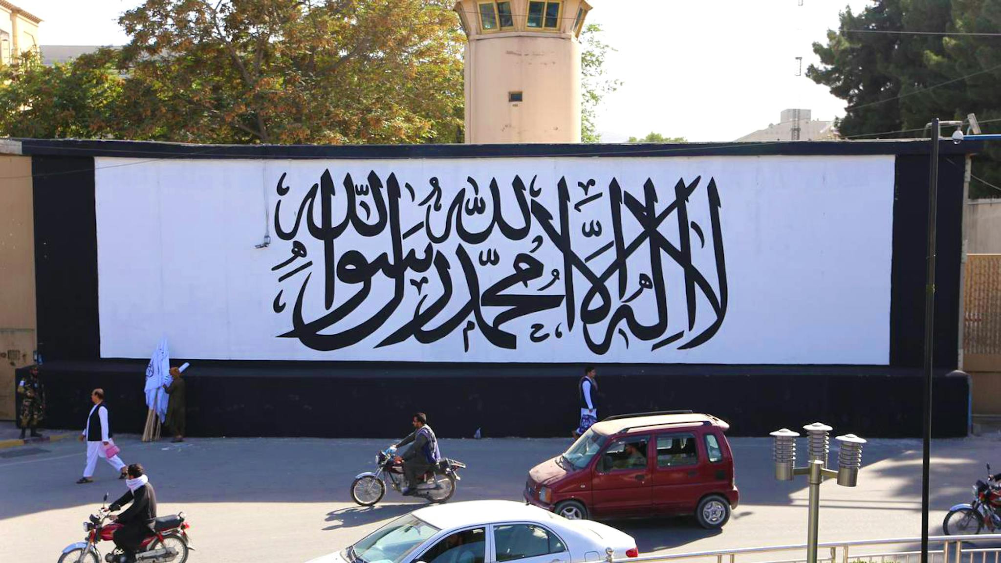 US Embassy in Kabul KABUL, AFGHANISTAN-SEPTEMBER 08: A photo shows the US Embassy walls after being painted with Taliban flag in Kabul, Afghanistan on September 8, 2021.