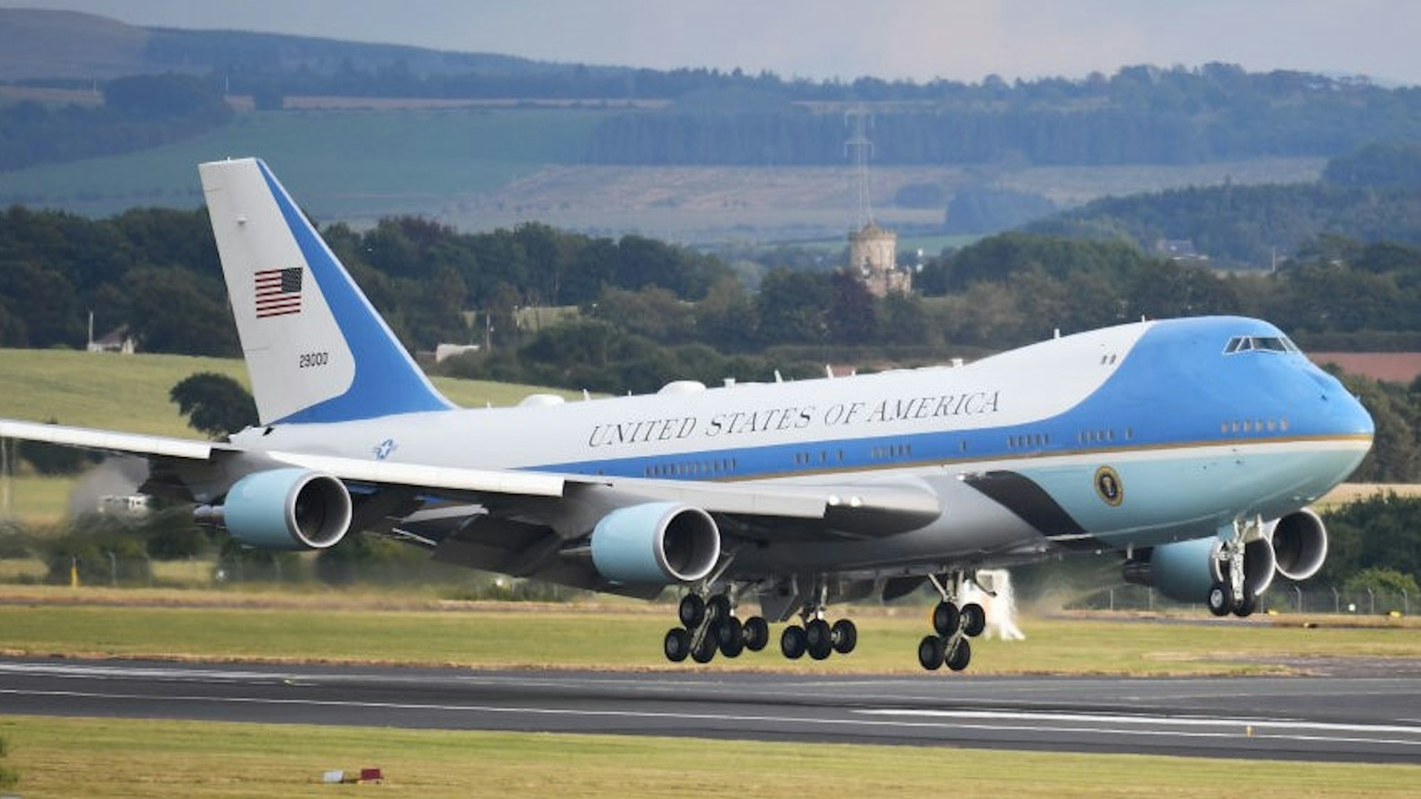 GLASGOW, SCOTLAND - JULY 13: Air Force One carrying the President of the United States, Donald Trump and First Lady, Melania Trump touches down at Glasgow Prestwick Airport on July 13, 2018 in Glasgow, Scotland. (Photo by