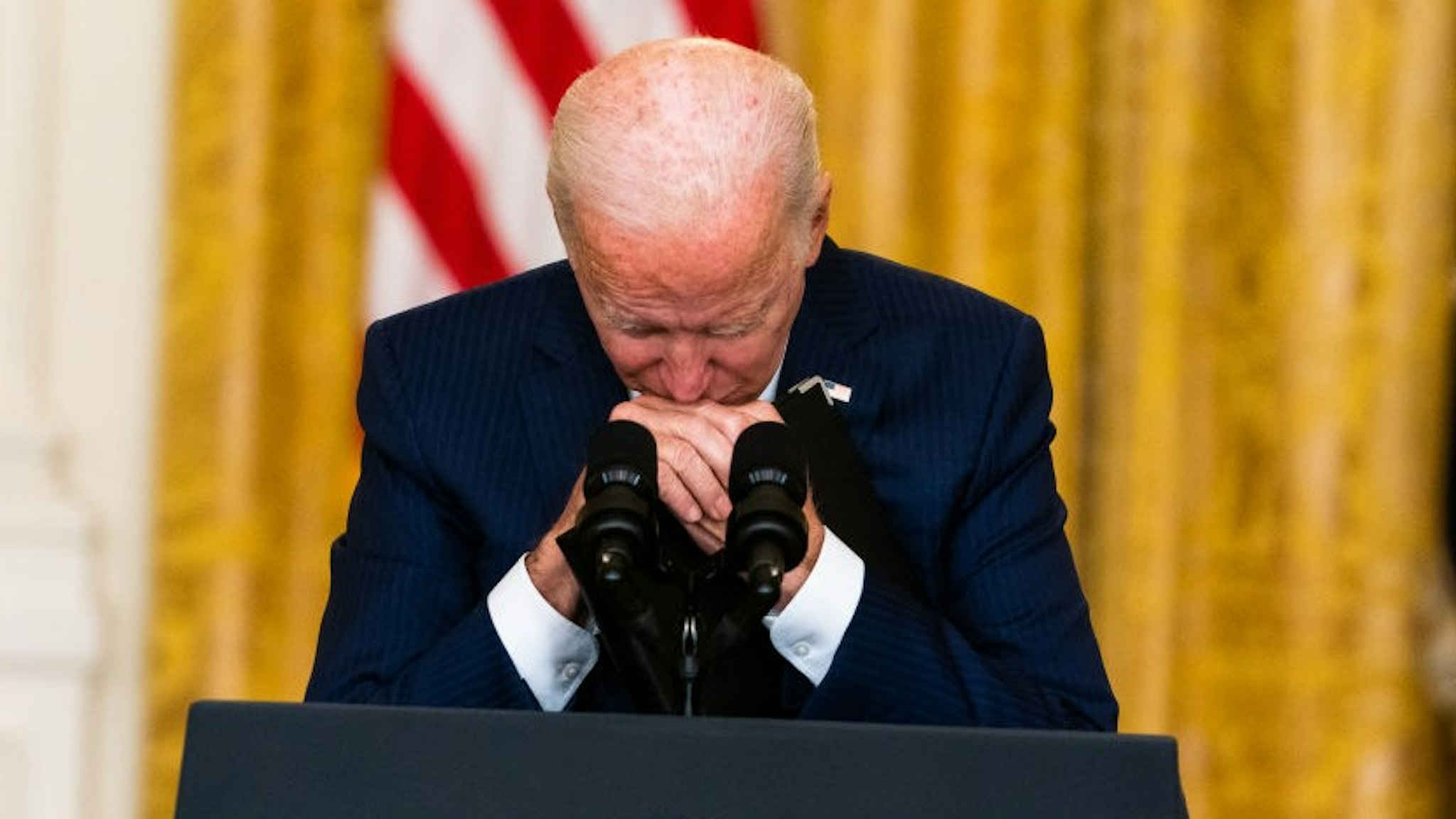 WASHINGTON, DC August 26, 2021: US President Joe Biden answer questions following remarks regarding the 12 U.S. service members killed in a terrorist attack outside Kabul airport in the East Room at the White House on August 26, 2021. (Photo by