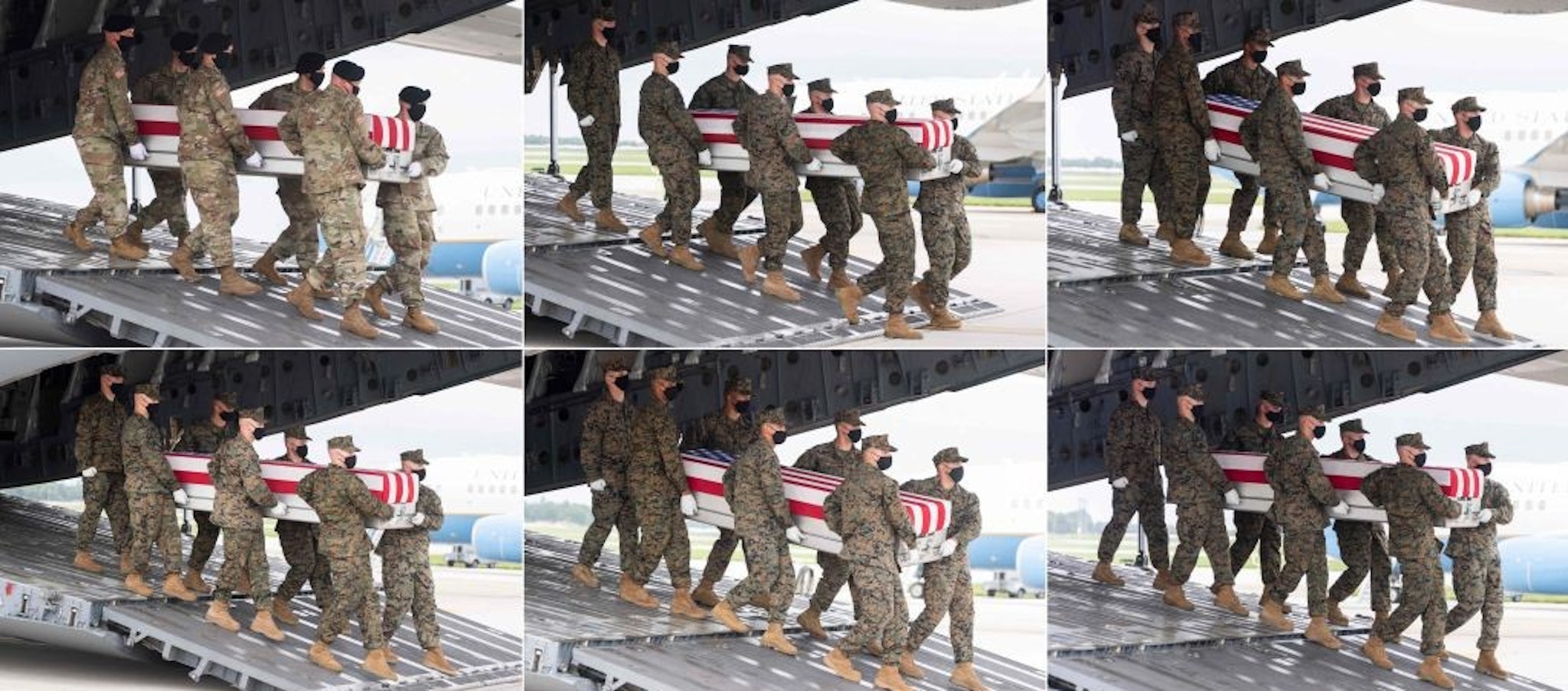 (COMBO) Military transfer teams carry one of 11 flag-draped transfer cases with the remains of a member of the military killed last week in Afghanistan off a military aircraft as US President Joe Biden attends the dignified transfer at Dover Air Force Base in Dover, Delaware, August, 29, 2021. - (From L-R, top to bottom row) The 11 service members include Army Staff Sgt. Ryan C. Knauss, 23, of Corryton, Tennessee; Marine Corps Staff Sgt. Darin T. Hoover, 31, of Salt Lake City, Utah; Marine Corps Sgt. Johanny Rosariopichardo, 25, of Lawrence, Massachusetts; Marine Corps Sgt. Nicole L. Gee, 23, of Sacramento, California; Marine Corps Cpl. Daegan W. Page, 23, of Omaha, Nebraska; Marine Corps Cpl. Humberto A. Sanchez, 22, of Logansport, Indiana; Marine Corps Lance Cpl. David L. Espinoza, 20, of Rio Bravo, Texas; Marine Corps Lance Cpl. Jared M. Schmitz, 20, of St. Charles, Missouri; Marine Corps Lance Cpl. Dylan R. Merola, 20, of Rancho Cucamonga, California; Marine Corps Lance Cpl. Kareem M. Nikoui, 20, of Norco, California; and Navy Hospitalman Maxton W. Soviak, 22, of Berlin Heights, Ohio. The transfer cases with the remains of two additional service members are not pictured. Dover Air Force Base in Delaware on the US East Coast about two hours from Washington is synonymous with the painful return of service members who have fallen in combat. (Photo by SAUL LOEB / AFP) (Photo by