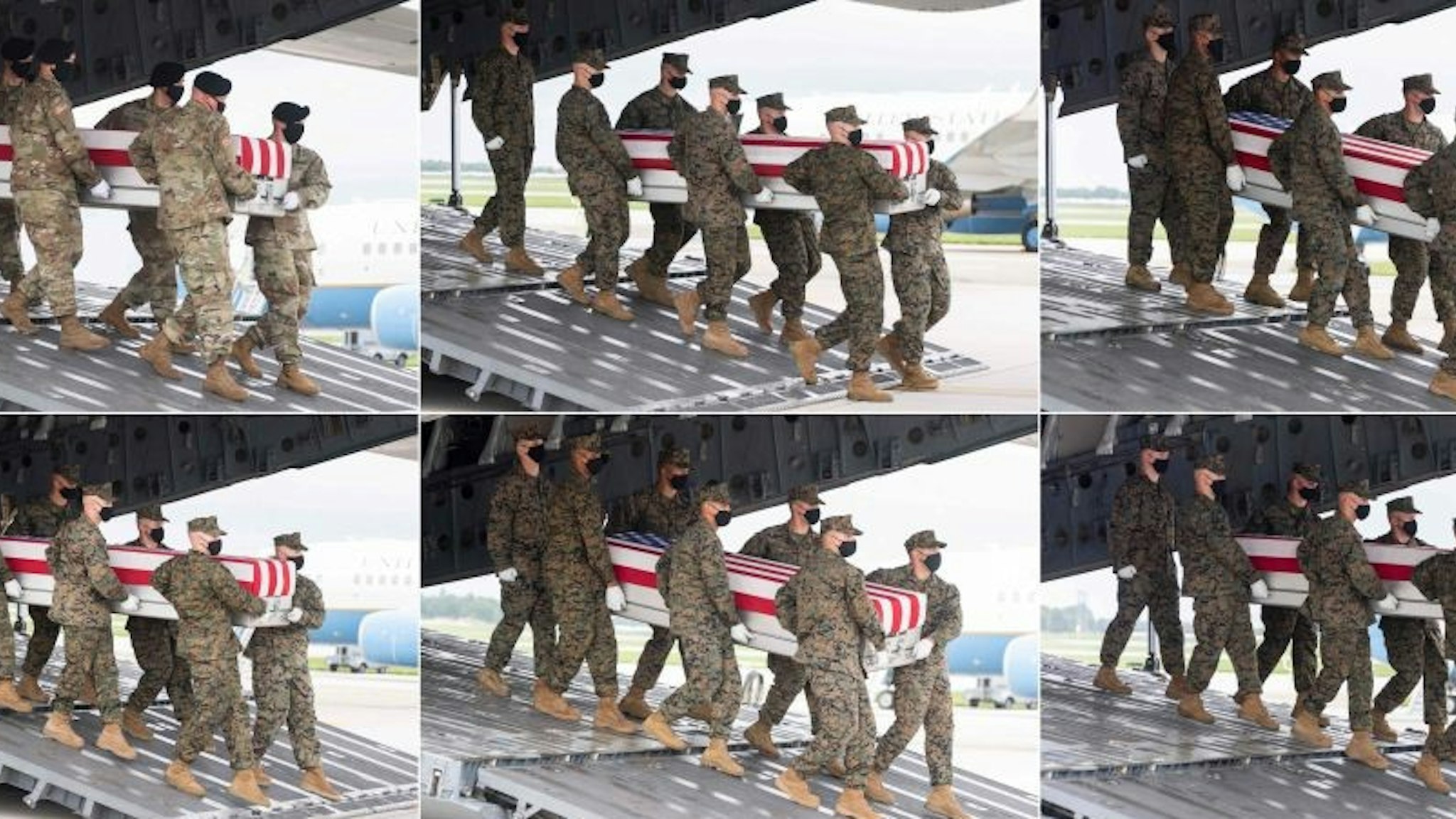 (COMBO) Military transfer teams carry one of 11 flag-draped transfer cases with the remains of a member of the military killed last week in Afghanistan off a military aircraft as US President Joe Biden attends the dignified transfer at Dover Air Force Base in Dover, Delaware, August, 29, 2021. - (From L-R, top to bottom row) The 11 service members include Army Staff Sgt. Ryan C. Knauss, 23, of Corryton, Tennessee; Marine Corps Staff Sgt. Darin T. Hoover, 31, of Salt Lake City, Utah; Marine Corps Sgt. Johanny Rosariopichardo, 25, of Lawrence, Massachusetts; Marine Corps Sgt. Nicole L. Gee, 23, of Sacramento, California; Marine Corps Cpl. Daegan W. Page, 23, of Omaha, Nebraska; Marine Corps Cpl. Humberto A. Sanchez, 22, of Logansport, Indiana; Marine Corps Lance Cpl. David L. Espinoza, 20, of Rio Bravo, Texas; Marine Corps Lance Cpl. Jared M. Schmitz, 20, of St. Charles, Missouri; Marine Corps Lance Cpl. Dylan R. Merola, 20, of Rancho Cucamonga, California; Marine Corps Lance Cpl. Kareem M. Nikoui, 20, of Norco, California; and Navy Hospitalman Maxton W. Soviak, 22, of Berlin Heights, Ohio. The transfer cases with the remains of two additional service members are not pictured. Dover Air Force Base in Delaware on the US East Coast about two hours from Washington is synonymous with the painful return of service members who have fallen in combat. (Photo by SAUL LOEB / AFP) (Photo by
