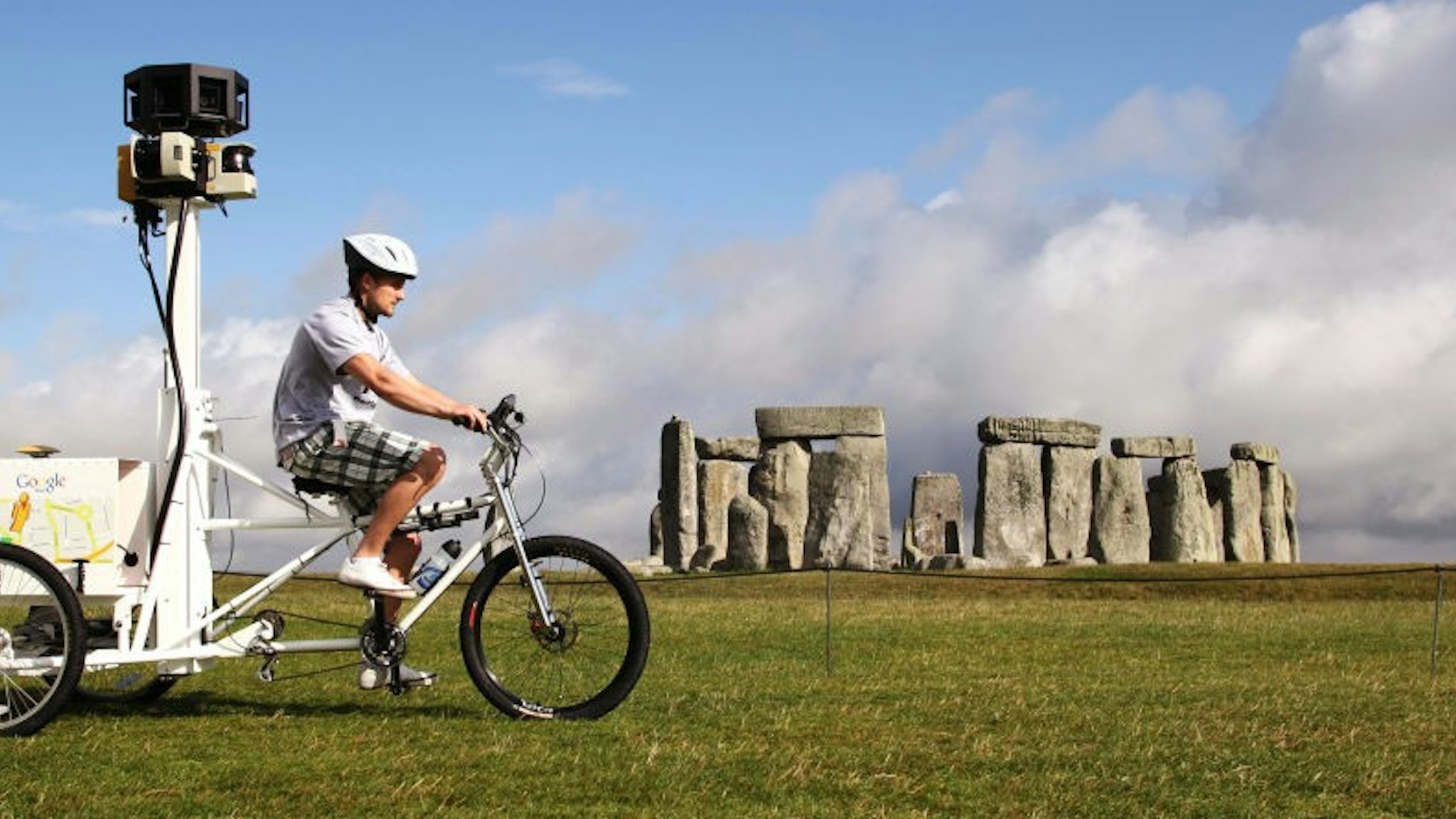 AMESBURY, ENGLAND - JULY 13: (UK TABLOIDS OUT) Google launch the Street Trike with VisitBritain at Stonehenge near Amesbury, on July 13, 2009 in Wiltshire, England. The British public voted for the top 6 tourist attractions they wished to be photographed by the Street View Trike. The images collected will later appear in Street View on Google Maps. (Photo by