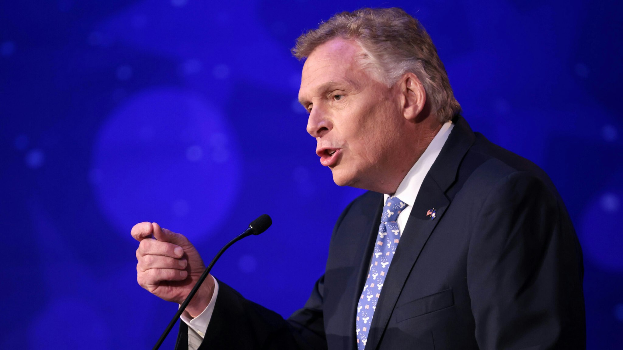 ALEXANDRIA, VIRGINIA - SEPTEMBER 28: Former Virginia Gov. Terry McAuliffe (D-VA) answers a question in a debate with Republican gubernatorial candidate Glenn Youngkin hosted by the Northern Virginia Chamber of Commerce September 28, 2021 in Alexandria, Virginia. The gubernatorial election is November 2.