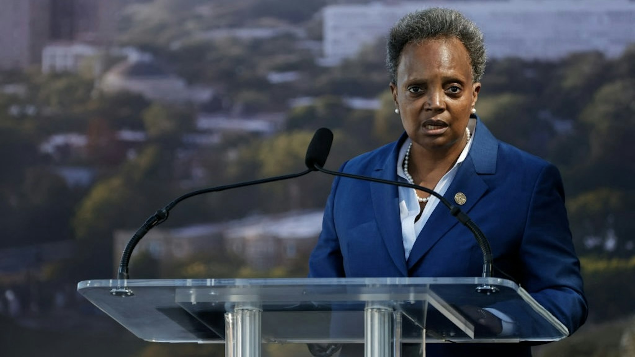 US-POLITICS-OBAMA-CENTER Chicago mayor Lori Lightfoot speaks during the groundbreaking ceremony for the Obama Presidential Center at Jackson Park on September 28, 2021 in Chicago, Illinois. - The 700-million-dollar project has been six years in the making and the center is scheduled to open in 2025. (Photo by Kamil Krzaczynski / AFP) (Photo by KAMIL KRZACZYNSKI/AFP via Getty Images) KAMIL KRZACZYNSKI / Contributor via Getty Images