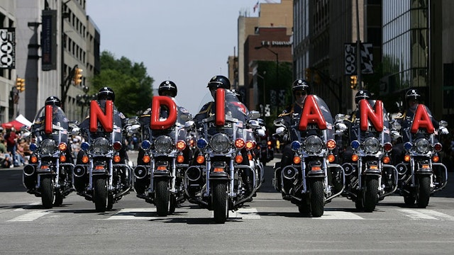 Indianapolis 500 Parade INDIANAPOLIS - MAY 24: State troopers on motorcycles perform during the parade for the IRL IndyCar Series 92nd running of the Indianapolis 500 May 24, 2008 in Indianapolis, Indiana. (Photo by Robert Laberge/Getty Images) Robert Laberge / Stringer