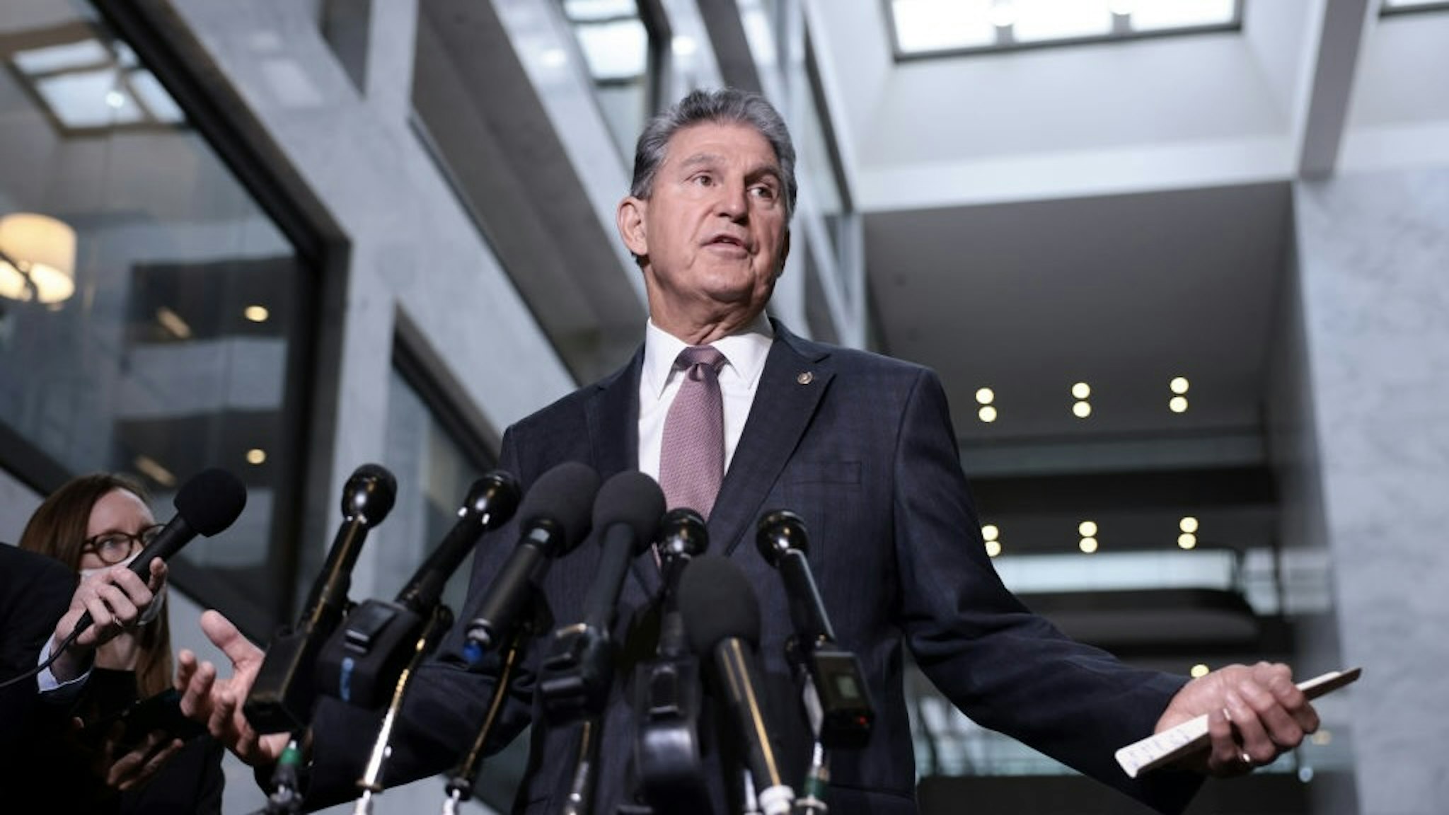 Sen. Manchin Speaks On The Debt Ceiling WASHINGTON, DC - OCTOBER 06: Sen. Joe Manchin (D-WV) speaks at a press conference outside his office on Capitol Hill on October 06, 2021 in Washington, DC. Manchin spoke on the debt limit and the infrastructure bill. (Photo by Anna Moneymaker/Getty Images) Anna Moneymaker / Staff