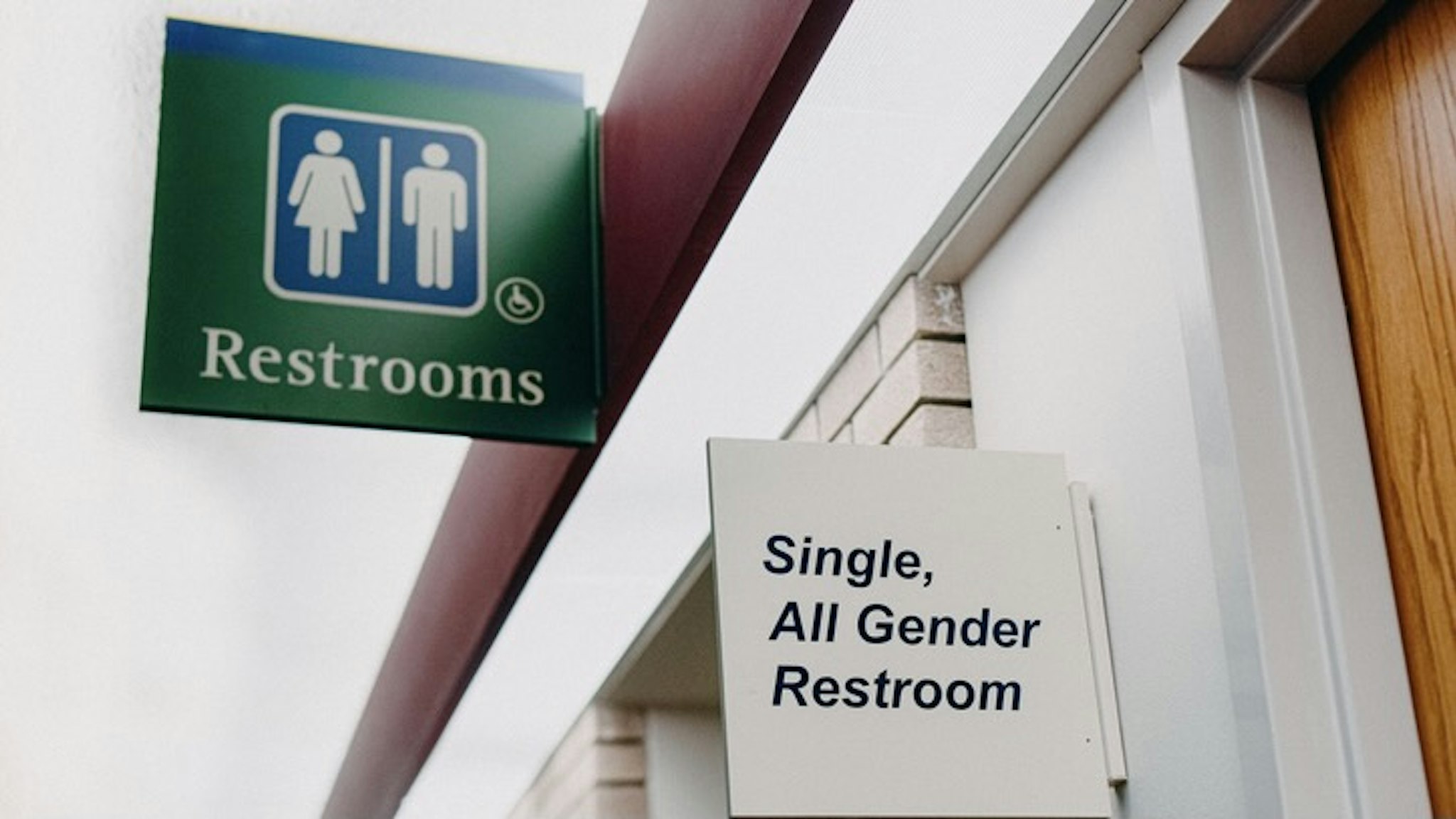 All Gender Restroom Sign - stock photo All gender restroom sign. Stefania Pelfini, La Waziya Photography via Getty Images