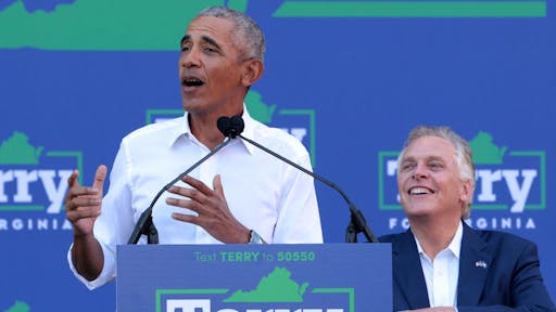 Barack Obama RICHMOND, VIRGINIA - OCTOBER 23: Former U.S. President Barack Obama (L) speaks as he campaigns with Democratic gubernatorial candidate, former Virginia Gov. Terry McAuliffe at Virginia Commonwealth University October 23, 2021 in Richmond, Virginia. The Virginia gubernatorial election, pitting McAuliffe against Republican candidate Glenn Youngkin, is November 2. (Photo by Win McNamee/Getty Images)