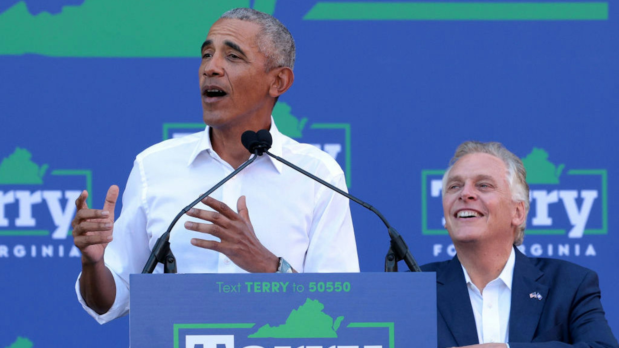 RICHMOND, VIRGINIA - OCTOBER 23: Former U.S. President Barack Obama (L) speaks as he campaigns with Democratic gubernatorial candidate, former Virginia Gov. Terry McAuliffe at Virginia Commonwealth University October 23, 2021 in Richmond, Virginia. The Virginia gubernatorial election, pitting McAuliffe against Republican candidate Glenn Youngkin, is November 2. (Photo by Win McNamee/Getty Images)