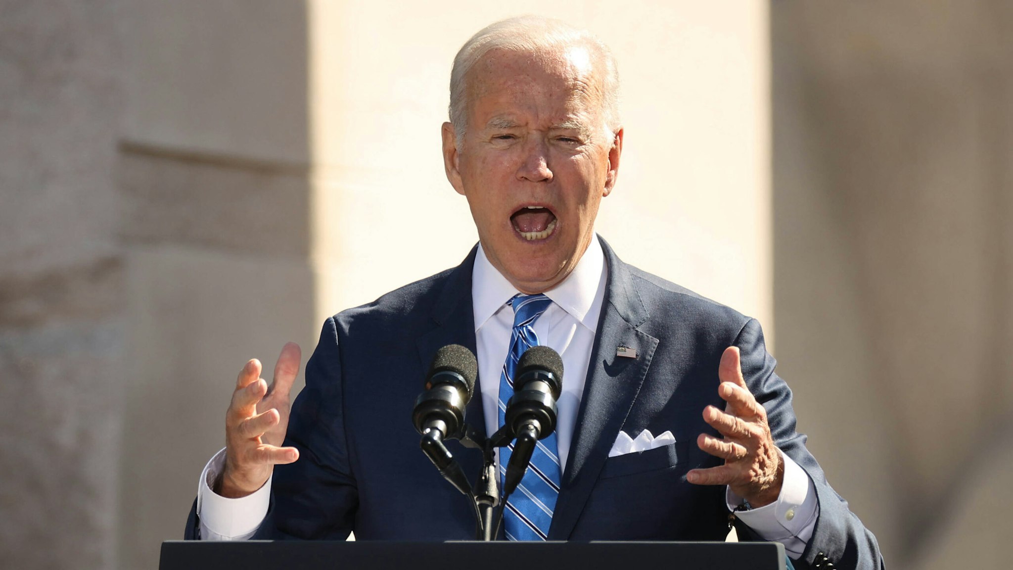 WASHINGTON, DC - OCTOBER 21: U.S. President Joe Biden delivers remarks during the 10th anniversary celebration of the Martin Luther King, Jr. Memorial near the Tidal Basin on the National Mall on October 21, 2021 in Washington, DC. Biden attended the memorial's dedication ceremony in 2011 with then President Barack Obama who delivered the keynote address.