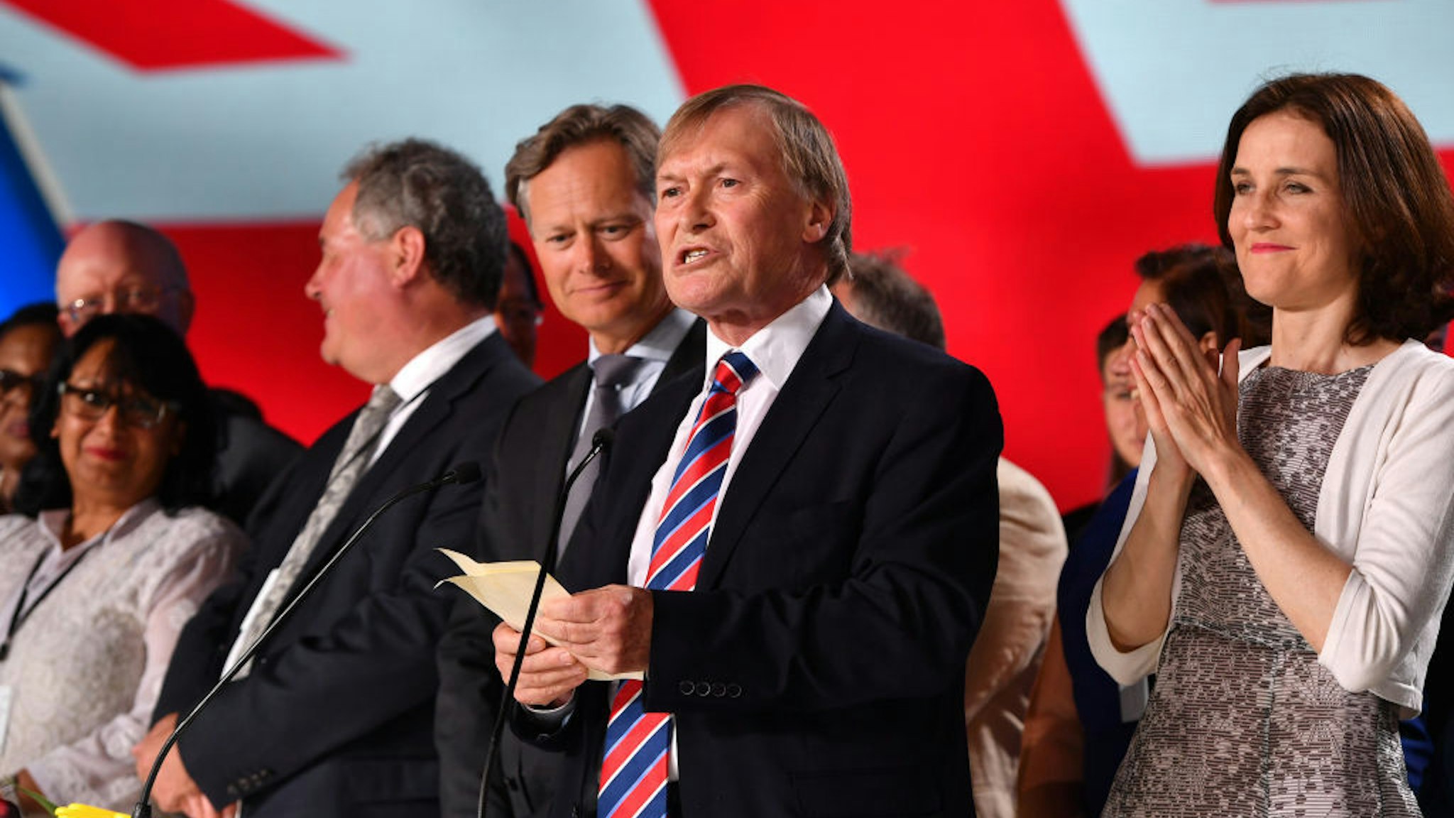 PARIS, FRANCE - JUNE 30: Sir David Amess speaks as the British delegation appear on stage during the Conference In Support Of Freedom and Democracy In Iran on June 30, 2018 in Paris, France. The speakers declared their support for the Iranian peoples uprising and the democratic alternative, the National Council of Resistance of Iran and called on the international community to adopt a firm policy against the mullahs regime and stand by the arisen people of Iran. (Photo by Anthony Devlin/Getty Images)