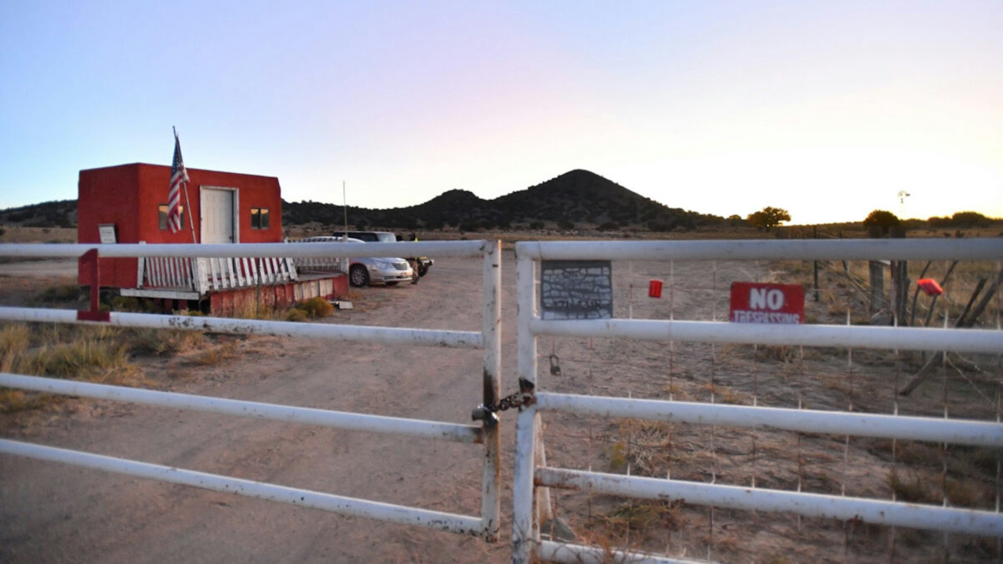 A general view shows a locked gate at the entrance to the Bonanza Creek Ranch on October 22, 2021 in Santa Fe, New Mexico.