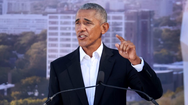 Former U.S. President Barack Obama speaks during a ceremonial groundbreaking at the Obama Presidential Center in Jackson Park on September 28, 2021 in Chicago, Illinois.
