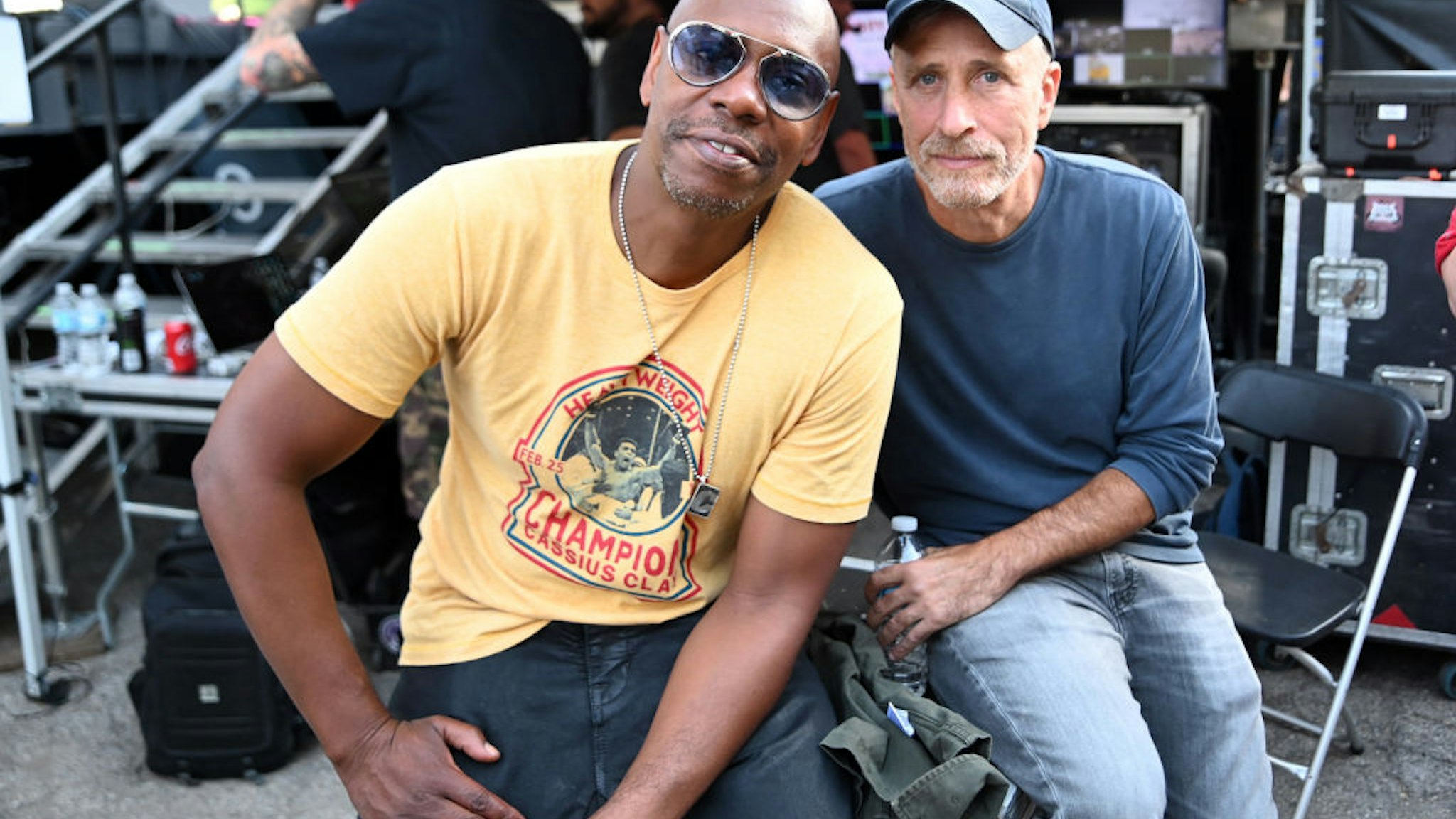 Dave Chappelle and Jon Stewart pose backstage during Dave Chappelle's Block Party on August 25, 2019 in Dayton, Ohio.