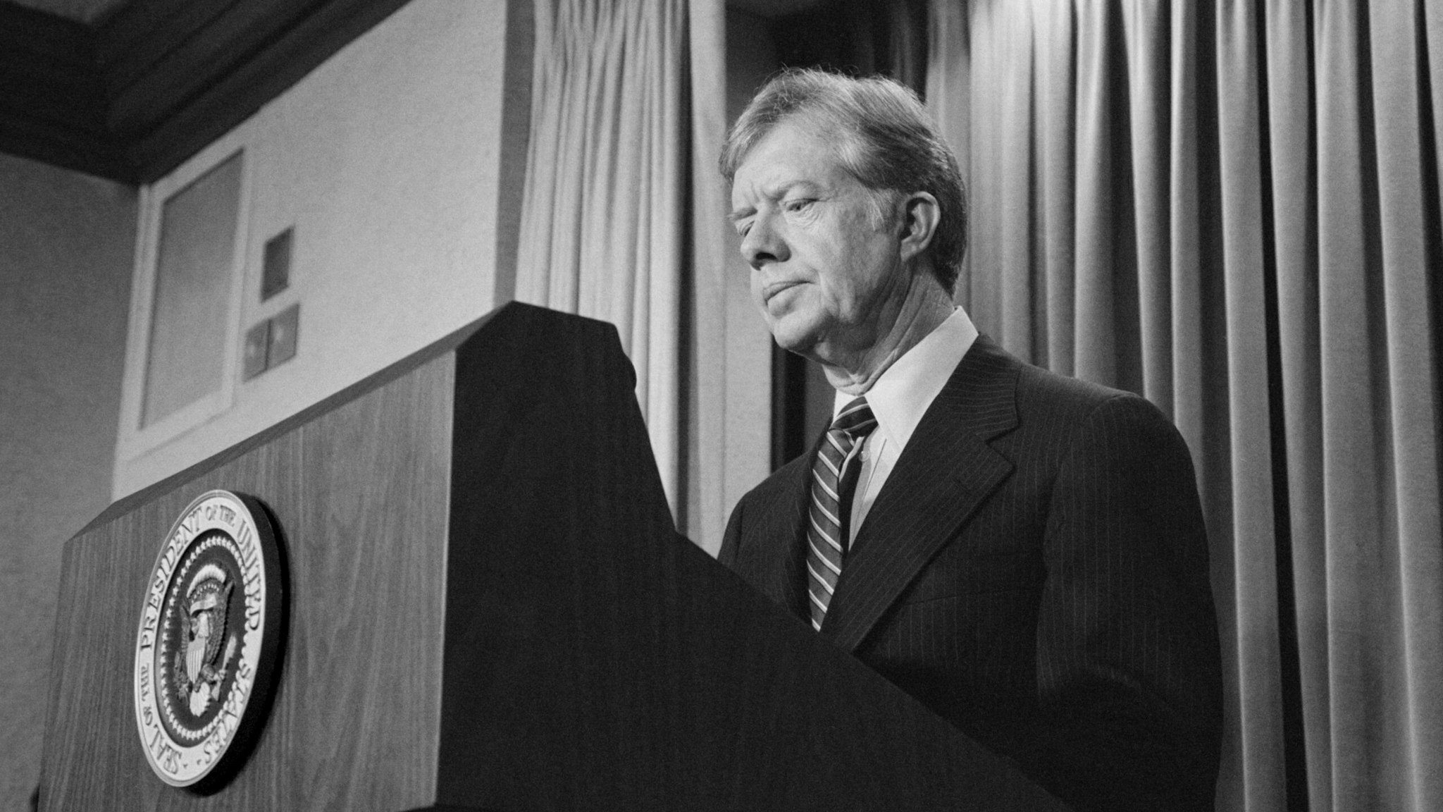U.S. President Jimmy Carter announces new sanctions against Iran in retaliation for taking U.S. Hostages, Washington, D.C., USA, photograph by Marion S. Trikosko, April 7, 1980.