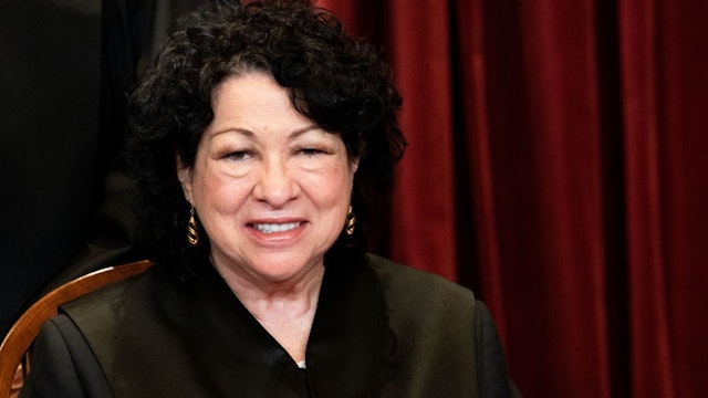 Associate Justice Sonia Sotomayor sits during a group photo of the Justices at the Supreme Court in Washington, DC on April 23, 2021. (Photo by Erin Schaff / POOL / AFP) (Photo by ERIN SCHAFF/POOL/AFP via Getty Images)