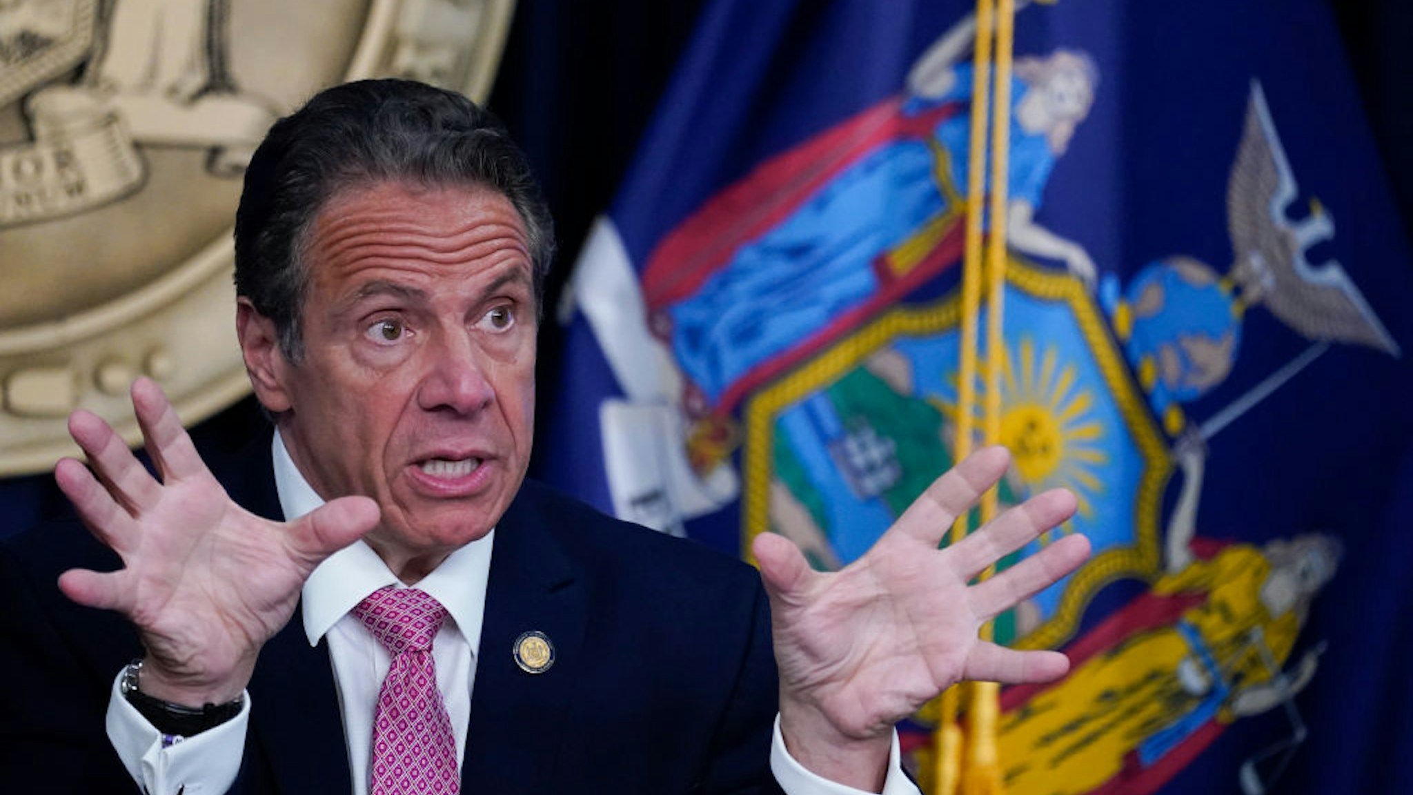 NEW YORK, NEW YORK - MAY 10: New York Gov. Andrew Cuomo speaks during a news conference on May 10, 2021 in New York City. It was announced that both SUNY and CUNY will require students to get COVID-19 vaccines before the next academic year. (Photo by Mary Altaffer-Pool/Getty Images)