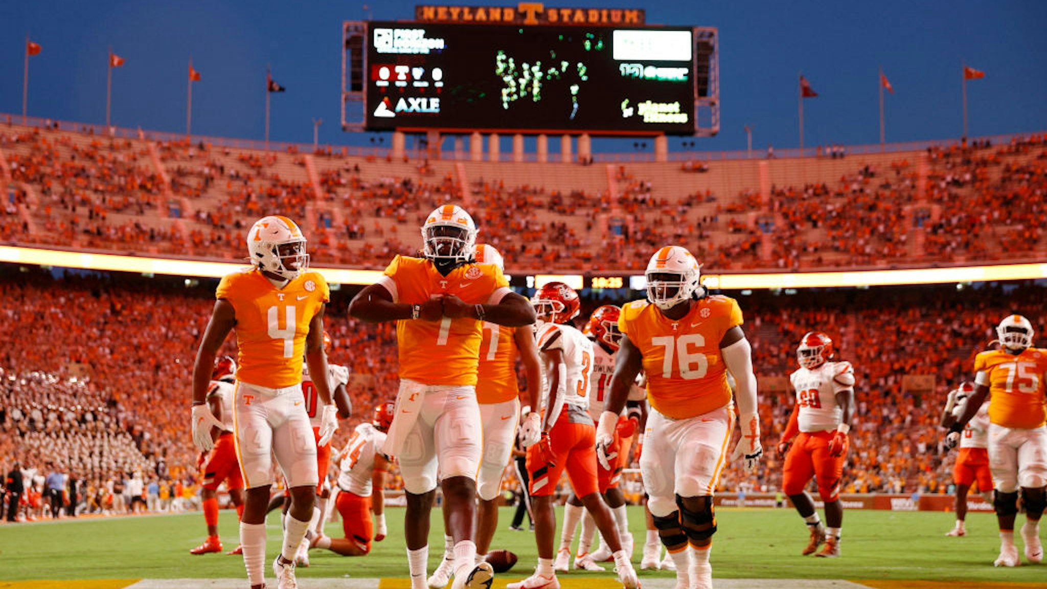 KNOXVILLE, TN - SEPTEMBER 02: Tennessee Volunteers quarterback Joe Milton III (7) celebrates after rushing for a 4-yard touchdown in the first quarter of a college football game against the Bowling Green Falcons on Sept. 2, 2021 at Neyland Stadium in Knoxville, Tennessee. (Photo by Joe Robbins/Icon Sportswire via Getty Images)