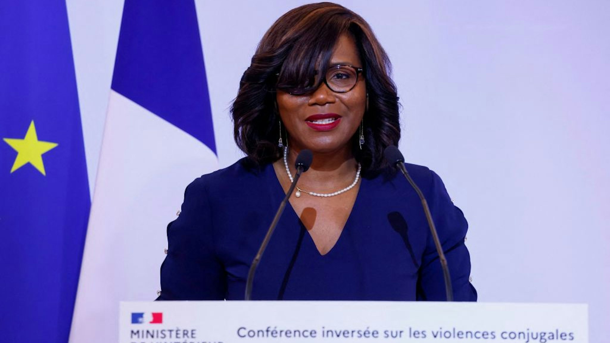 French Junior Minister of Gender Equality Elisabeth Moreno delivers a speech during a "reversed conference" with victims of domestic violence (violences conjugales) and relatives testifying, at the Interior Ministry at Place Beauvau in Paris, on September 6, 2021.
