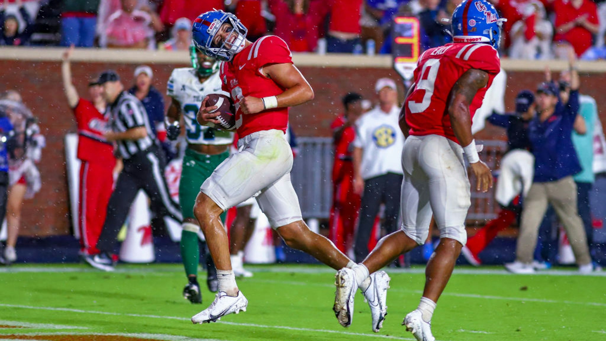 OXFORD, MS - SEPTEMBER 18: Ole Miss Rebels quarterback Matt Corral celebrates while scoring a touchdown during the college football game between the Ole Miss Rebels and the Tulane Green Wave on September 18, 2021, at Vaught-Hemingway Stadium in Oxford, MS. (Photo by Chris McDill/Icon Sportswire via Getty Images)