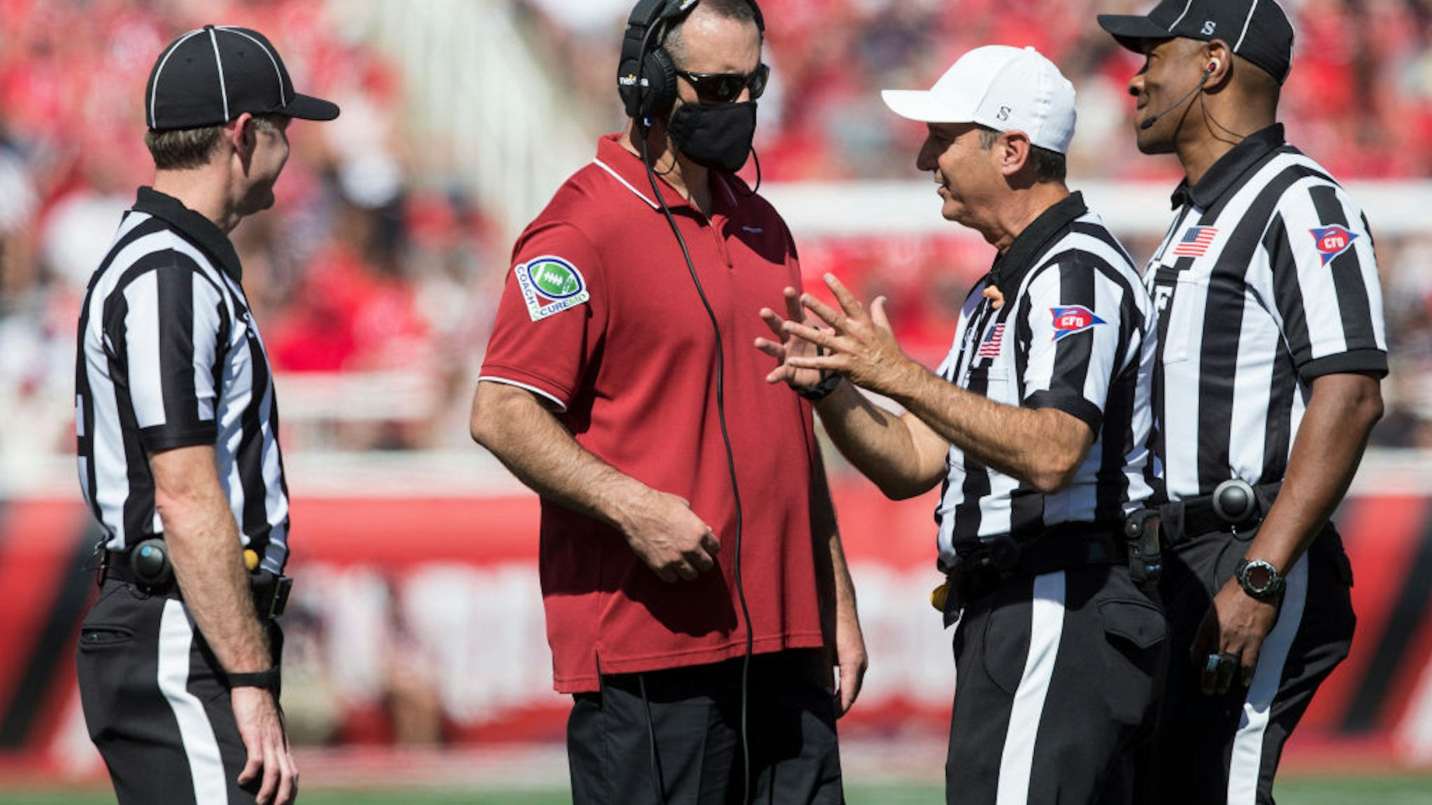 SALT LAKE CITY, UT - SEPTEMBER 25 : Nick Rolovich head coach of the Washington State Cougars talks with officials during their game against the Utah Utes September 25, 2021 at Rice Eccles Stadium in Salt Lake City, Utah. (Photo by Chris Gardner/Getty Images)