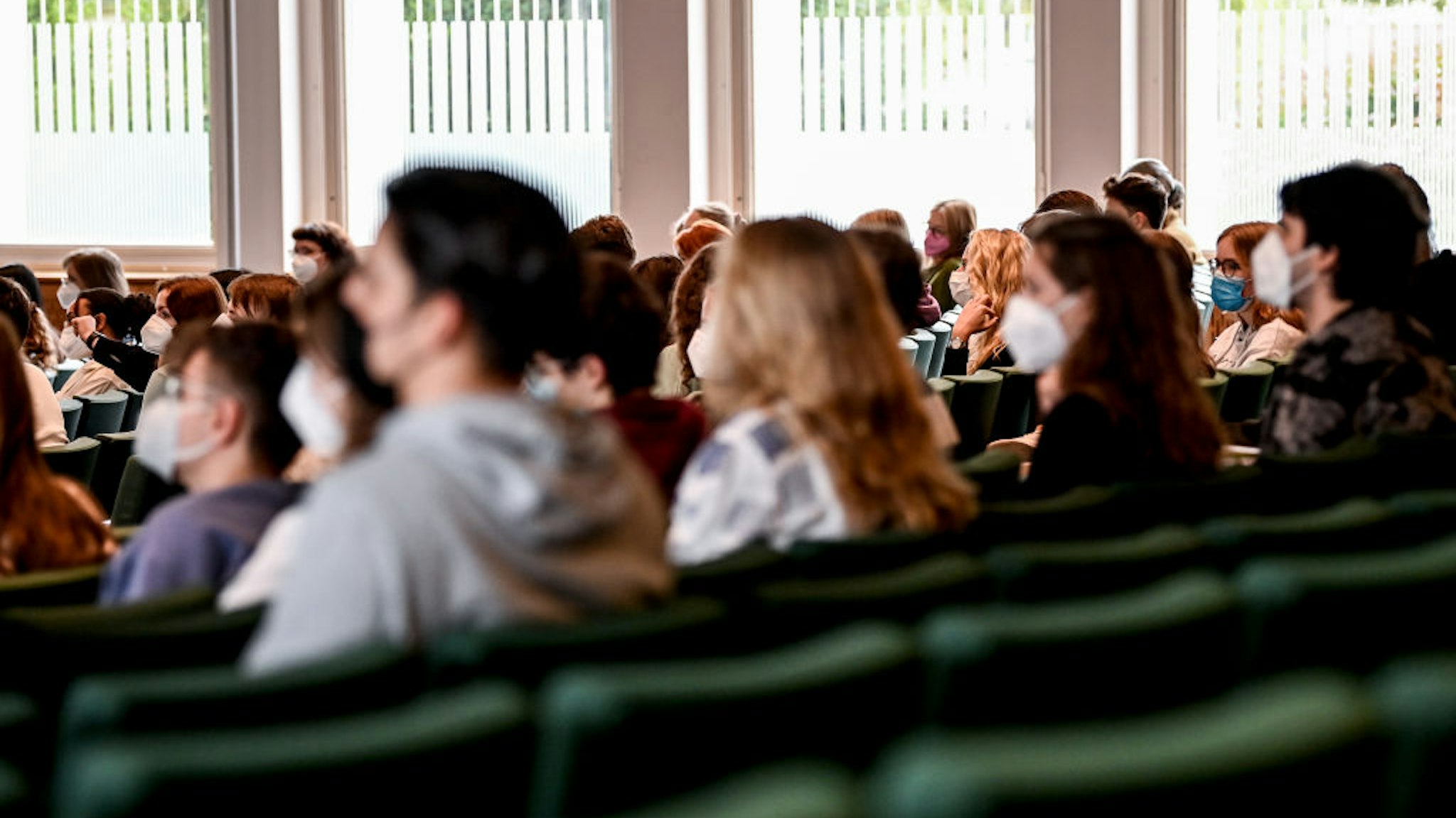 Students sitting in the Audimax of Freie Universität Berlin. Freie Universität Berlin is celebrating the start of the 2021/2022 winter semester, which is to be held with a large proportion of face-to-face events, with an action week.