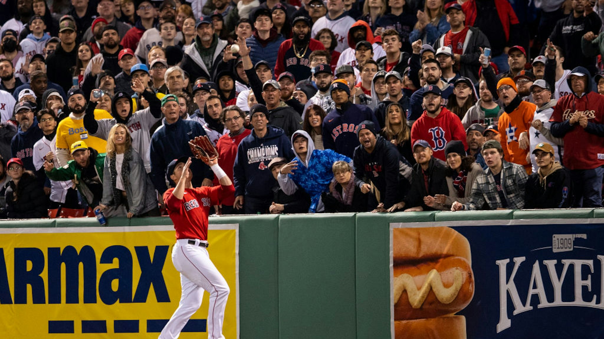 Hunter Renfroe #10 of the Boston Red Sox catches a line drive during the fifth inning of game four of the 2021 American League Championship Series against the Houston Astros at Fenway Park on October 19, 2021 in Boston, Massachusetts.