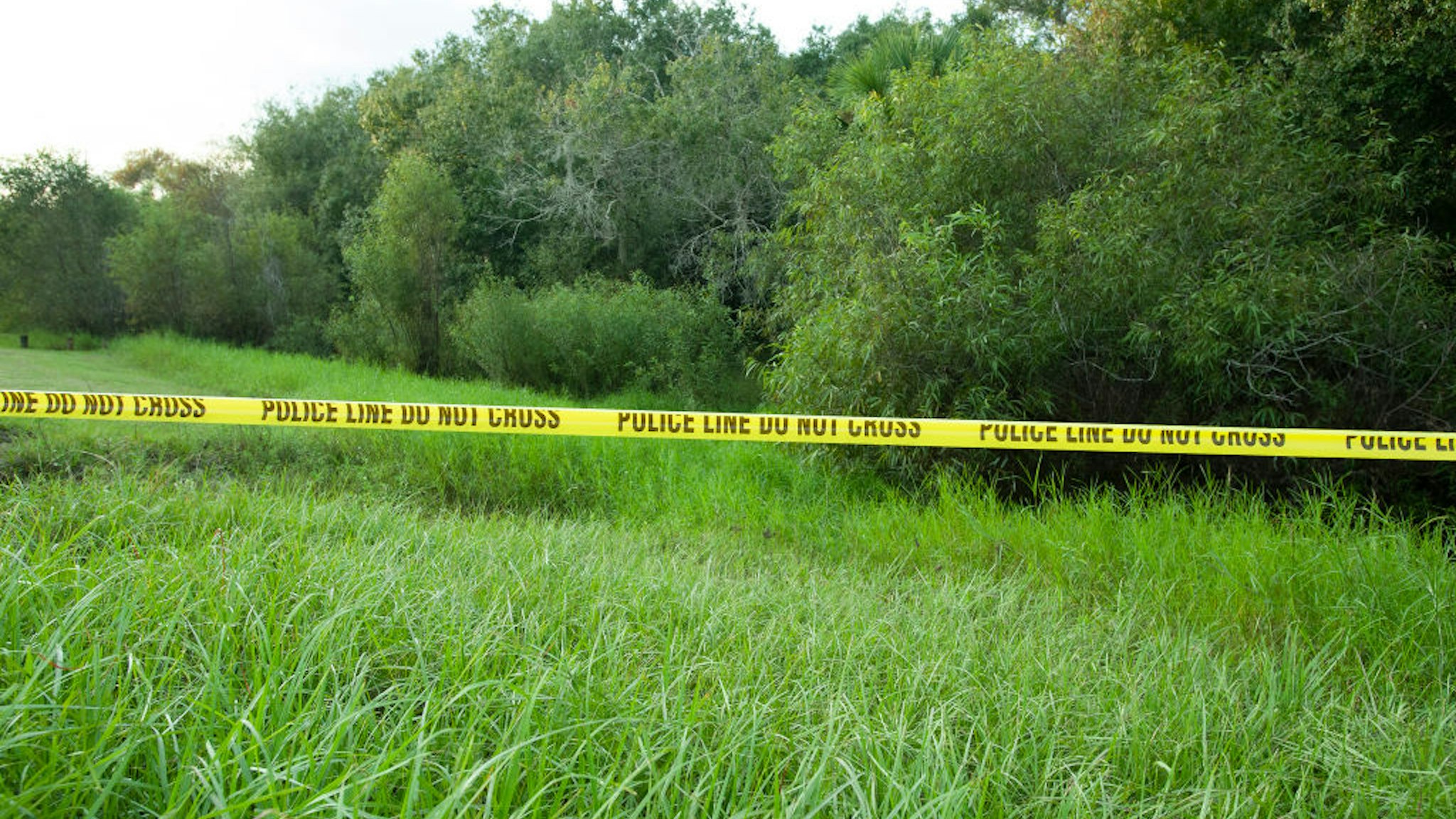 Police tape restricts access to Myakkahatchee Creek Environmental Park on October 20, 2021 in North Port, Florida.