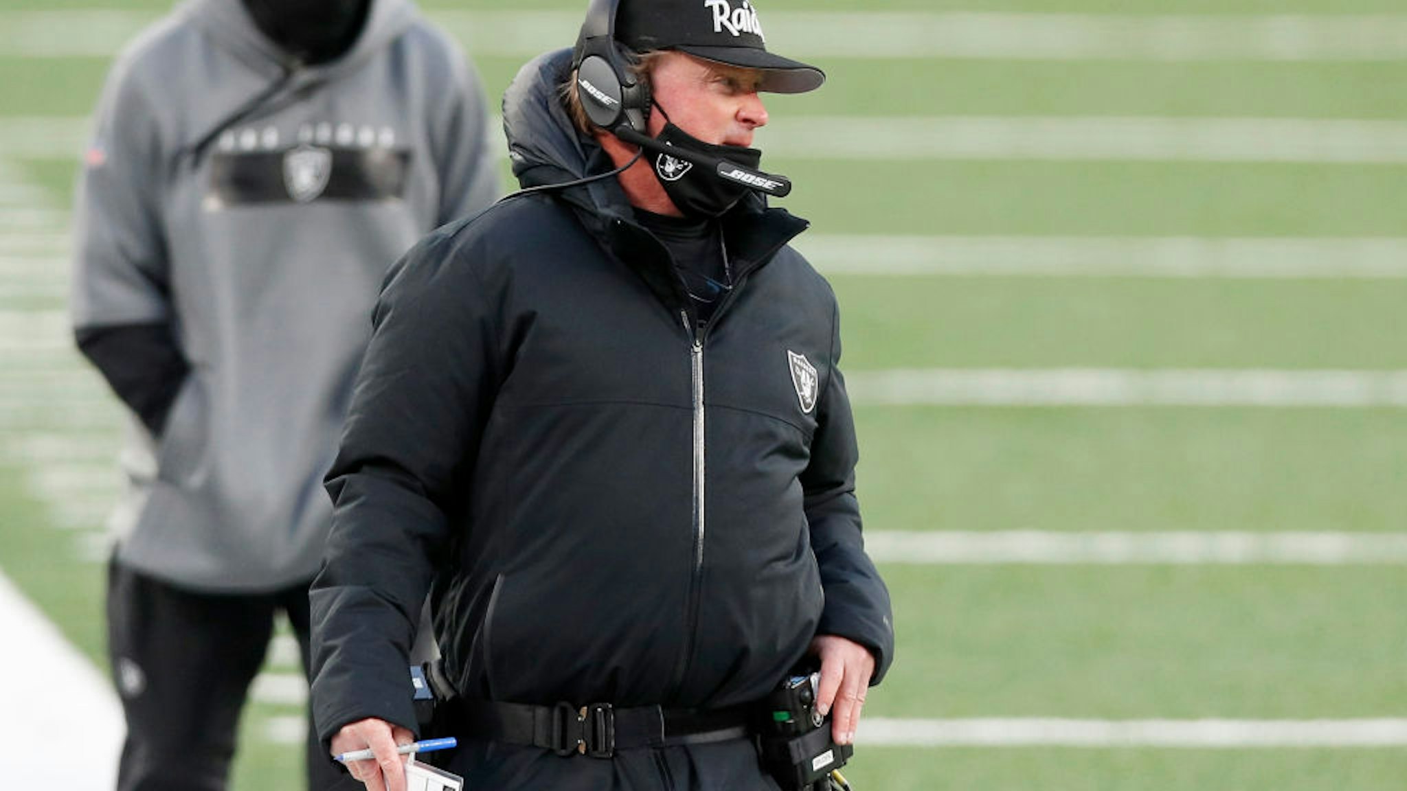 EAST RUTHERFORD, NEW JERSEY - DECEMBER 06: (NEW YORK DAILIES OUT) Head coach Jon Gruden of the Las Vegas Raiders in action against the New York Jets at MetLife Stadium on December 06, 2020 in East Rutherford, New Jersey. The Raiders defeated the Jets 31-28. (Photo by Jim McIsaac/Getty Images)