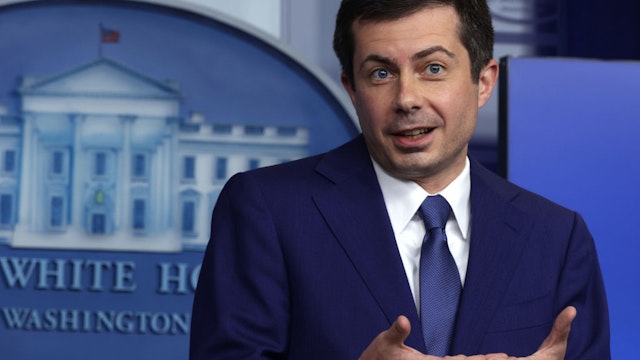 WASHINGTON, DC - APRIL 09: U.S. Secretary of Transportation Pete Buttigieg speaks during a daily press briefing at the James Brady Press Briefing Room of the White House April 9, 2021 in Washington, DC. White House Press Secretary Jen Psaki held the briefing to answer questions from members of the press. (Photo by Alex Wong/Getty Images)