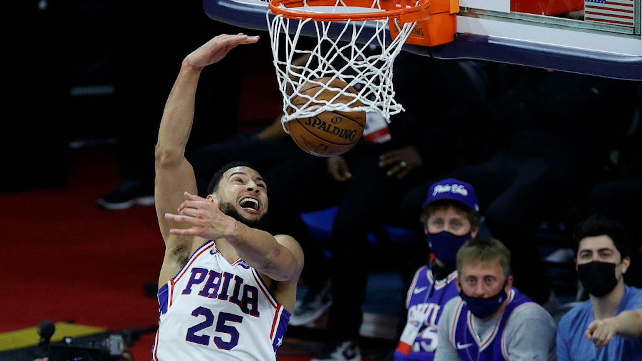 PHILADELPHIA, PENNSYLVANIA - JUNE 20: Ben Simmons #25 of the Philadelphia 76ers dunks during the third quarter against the Atlanta Hawks during Game Seven of the Eastern Conference Semifinals at Wells Fargo Center on June 20, 2021 in Philadelphia, Pennsylvania. NOTE TO USER: User expressly acknowledges and agrees that, by downloading and or using this photograph, User is consenting to the terms and conditions of the Getty Images License Agreement. (Photo by Tim Nwachukwu/Getty Images)