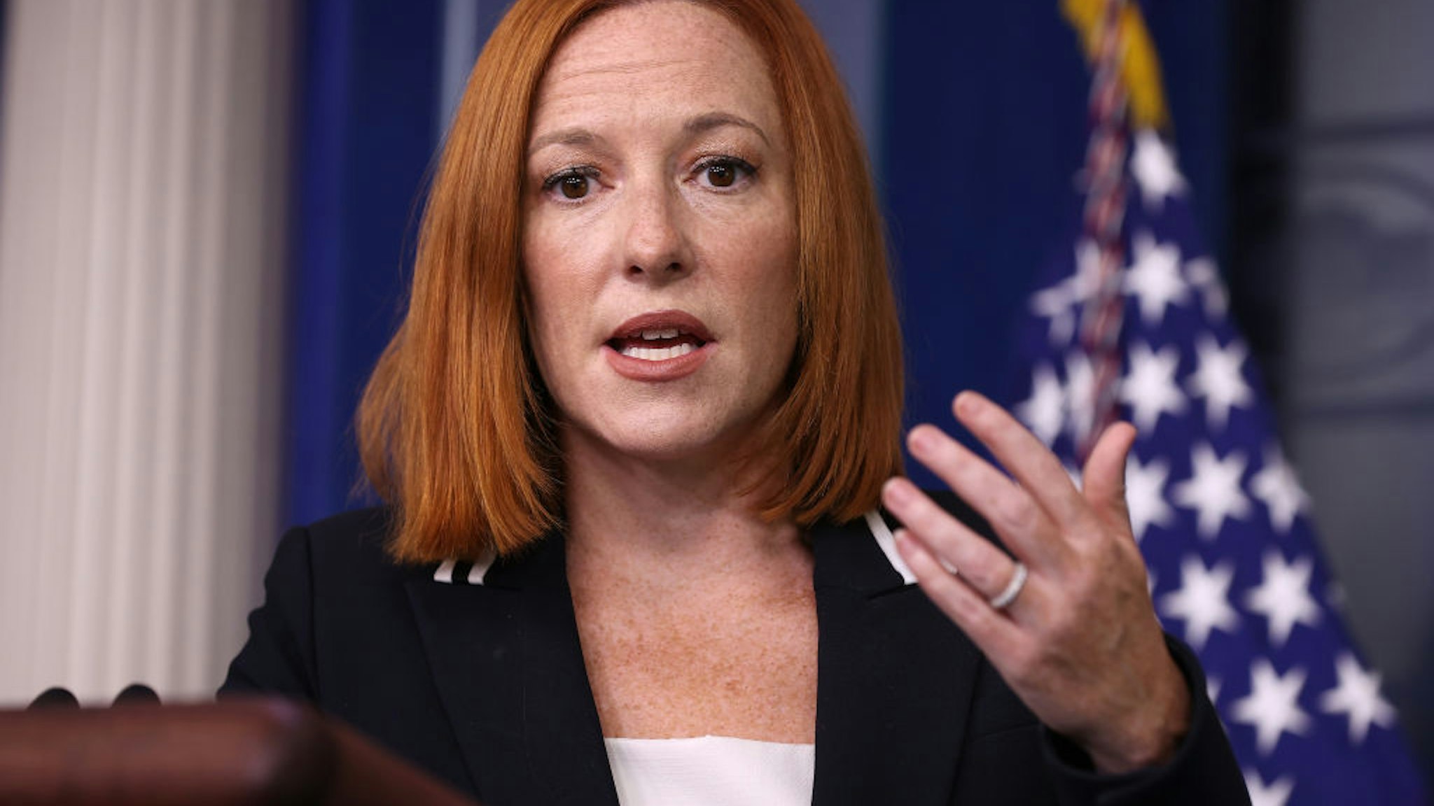 WASHINGTON, DC - SEPTEMBER 02: White House Press Secretary Jen Psaki talks to reporters during the daily news conference in the Brady Press Briefing Room at the White House on September 02, 2021 in Washington, DC. Psaki answered questions about the ongoing federal response to Hurricane Ida, the Supreme Court's decision on a new Texas anti-abortion law, Afghan refugees in the United States and other topics. (Photo by Chip Somodevilla/Getty Images)