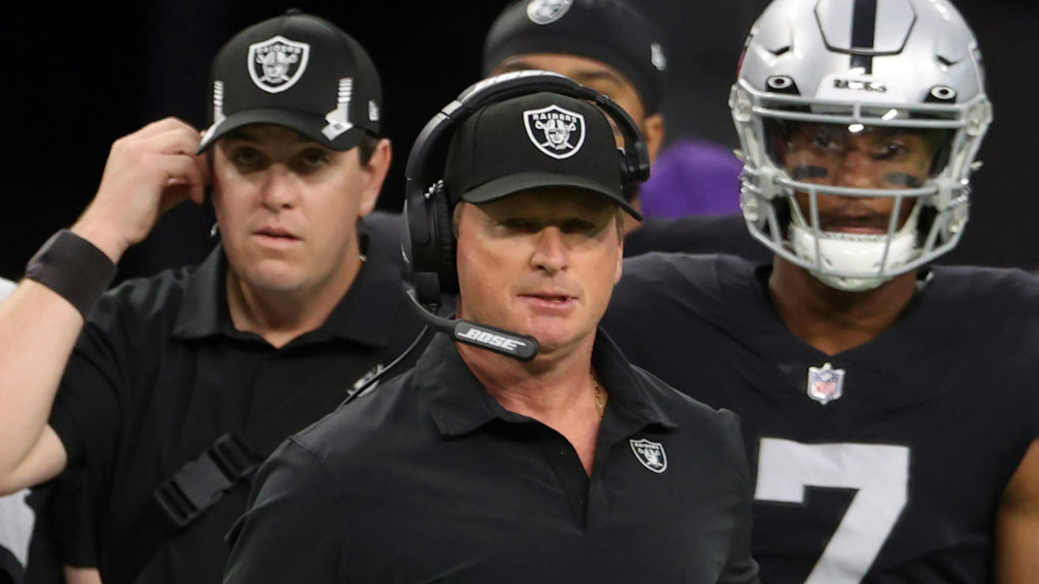 LAS VEGAS, NEVADA - SEPTEMBER 13: Head coach Jon Gruden of the Las Vegas Raiders looks on during the first quarter against the Baltimore Ravens at Allegiant Stadium on September 13, 2021 in Las Vegas, Nevada. (Photo by Christian Petersen/Getty Images)