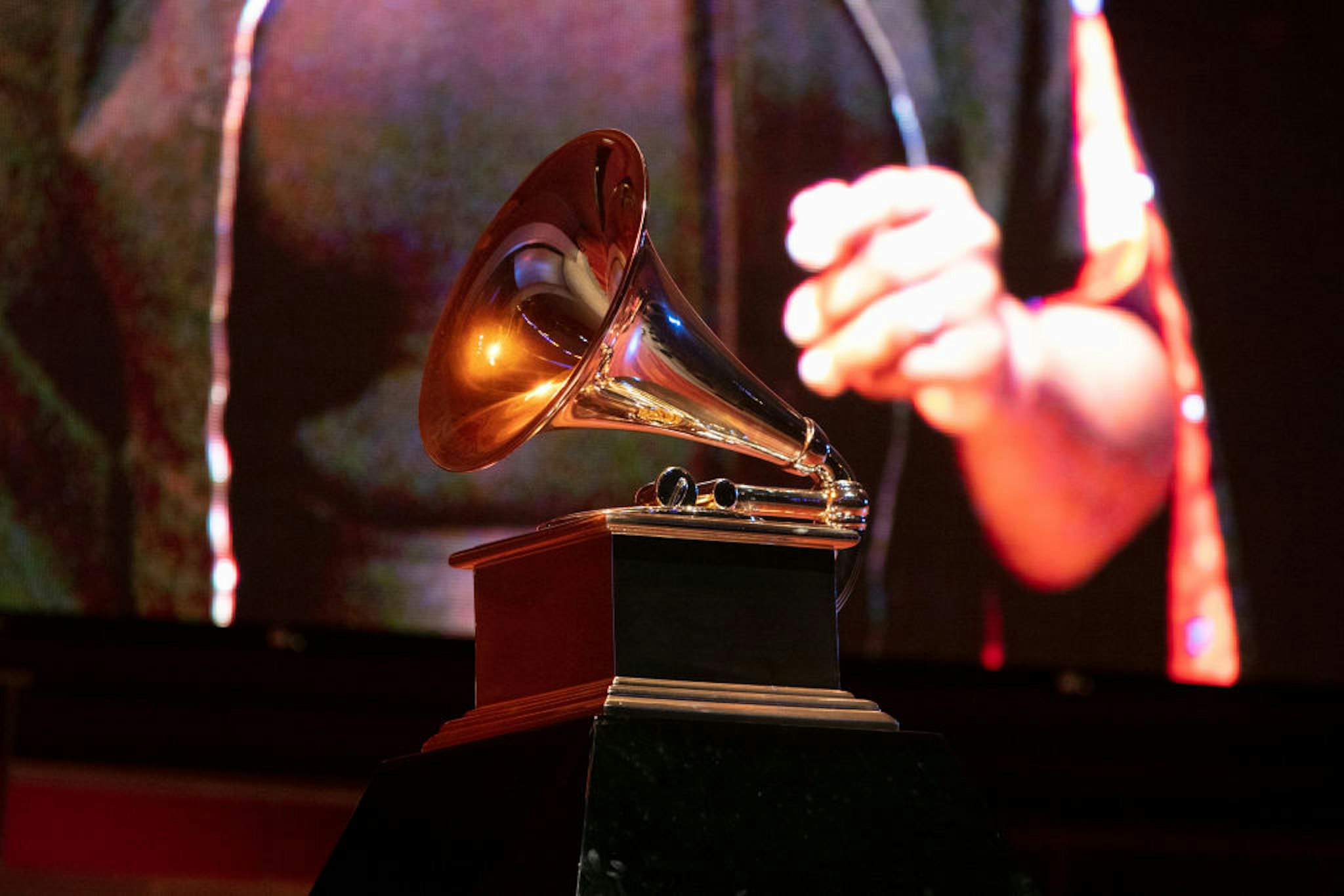 CHICAGO, ILLINOIS - SEPTEMBER 16: A view of a Grammy statue during a performance at the Chicago Chapter 60th Anniversary Concert at Millennium Park on September 16, 2021 in Chicago, Illinois. (Photo by Jeff Schear/Getty Images for The Recording Academy)