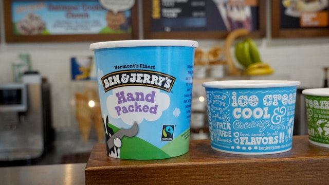 MIAMI, FLORIDA - SEPTEMBER 23: A Ben & Jerry's ice cream container sits on the counter in one of their stores on September 23, 2021 in Miami, Florida. The state of Florida is reported to be ready to restrict purchases of Unilever PLC assets starting in late October after the company's Ben & Jerry's brand halted sales in the Israeli-occupied West Bank. (Photo by Joe Raedle/Getty Images)