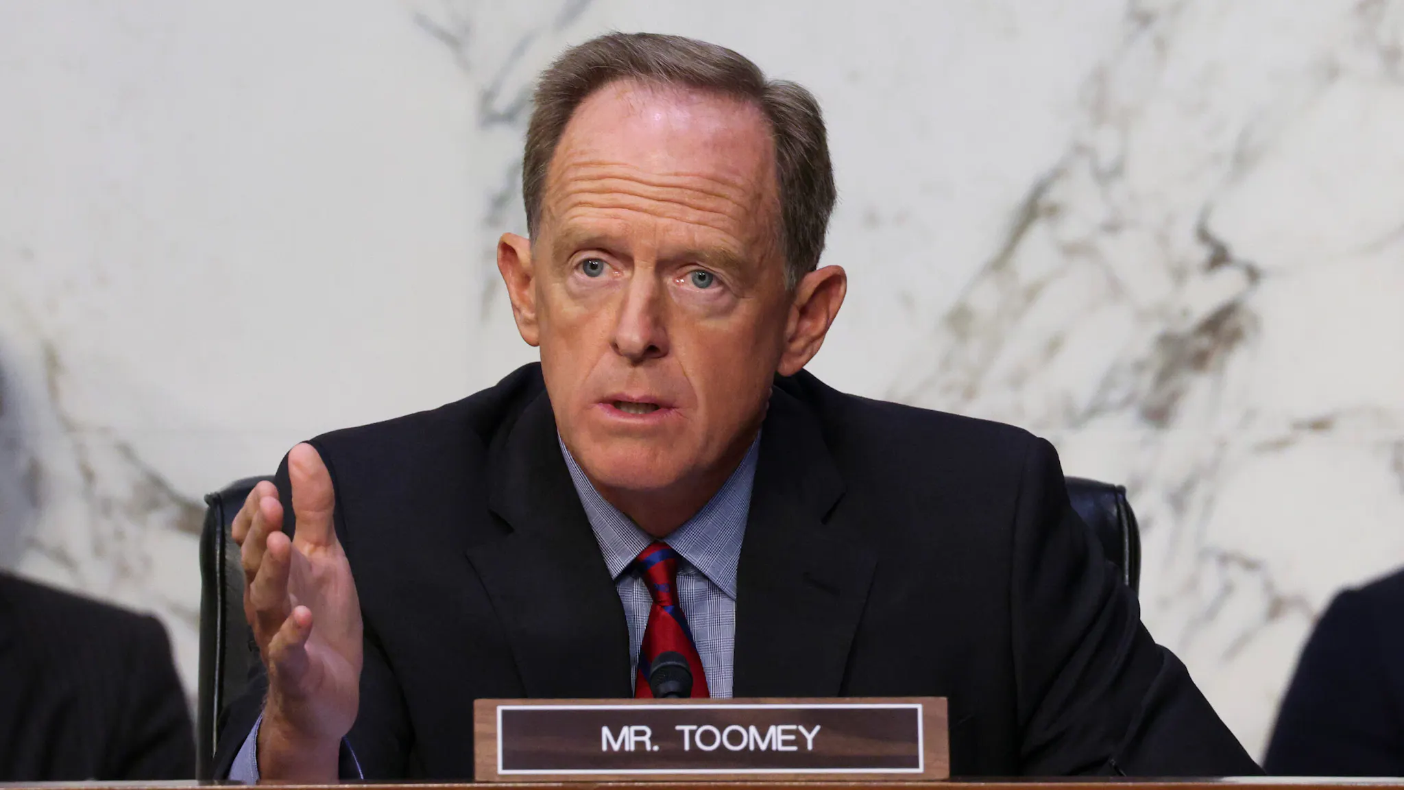 Secretary Yellen And Chairman Powell Testify On CARES Act Oversight In Senate Hearing WASHINGTON, DC - SEPTEMBER 28: Ranking member Sen. Pat Toomey (R-PA) questions Treasury Secretary Janet Yellen and Federal Reserve Chairman Jerome Powell during a Senate Banking, Housing and Urban Affairs Committee hearing on the CARES Act, at the Hart Senate Office Building on September 28, 2021 in Washington, DC. The hearing examined the effects and results of the Coronavirus Aid, Relief, and Economic Security Act, also known as the CARES ACT.