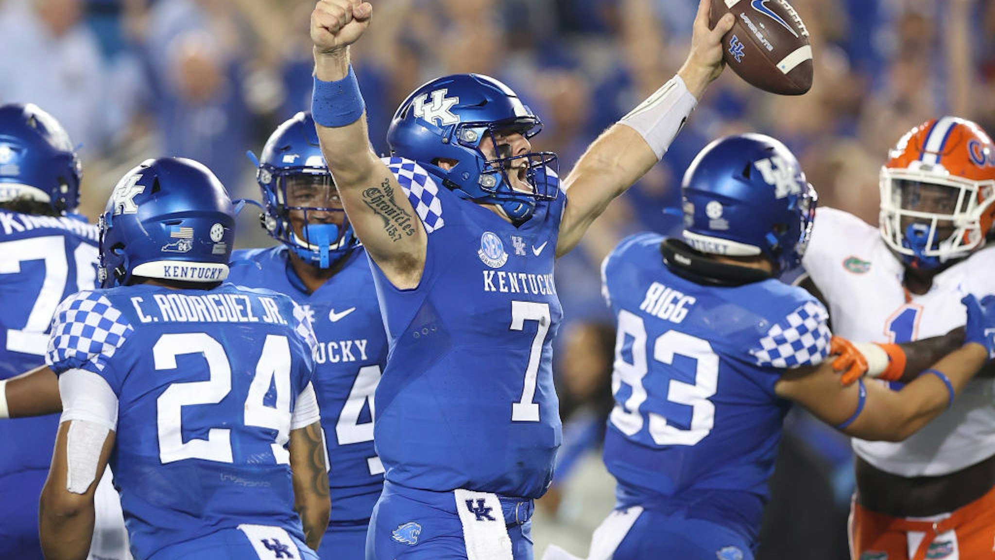 LEXINGTON, KENTUCKY - OCTOBER 02: Will Levis #7 of the Kentucky Wildcats celebrates after the 20-13 win against the Florida Gators at Kroger Field on October 02, 2021 in Lexington, Kentucky. (Photo by Andy Lyons/Getty Images)