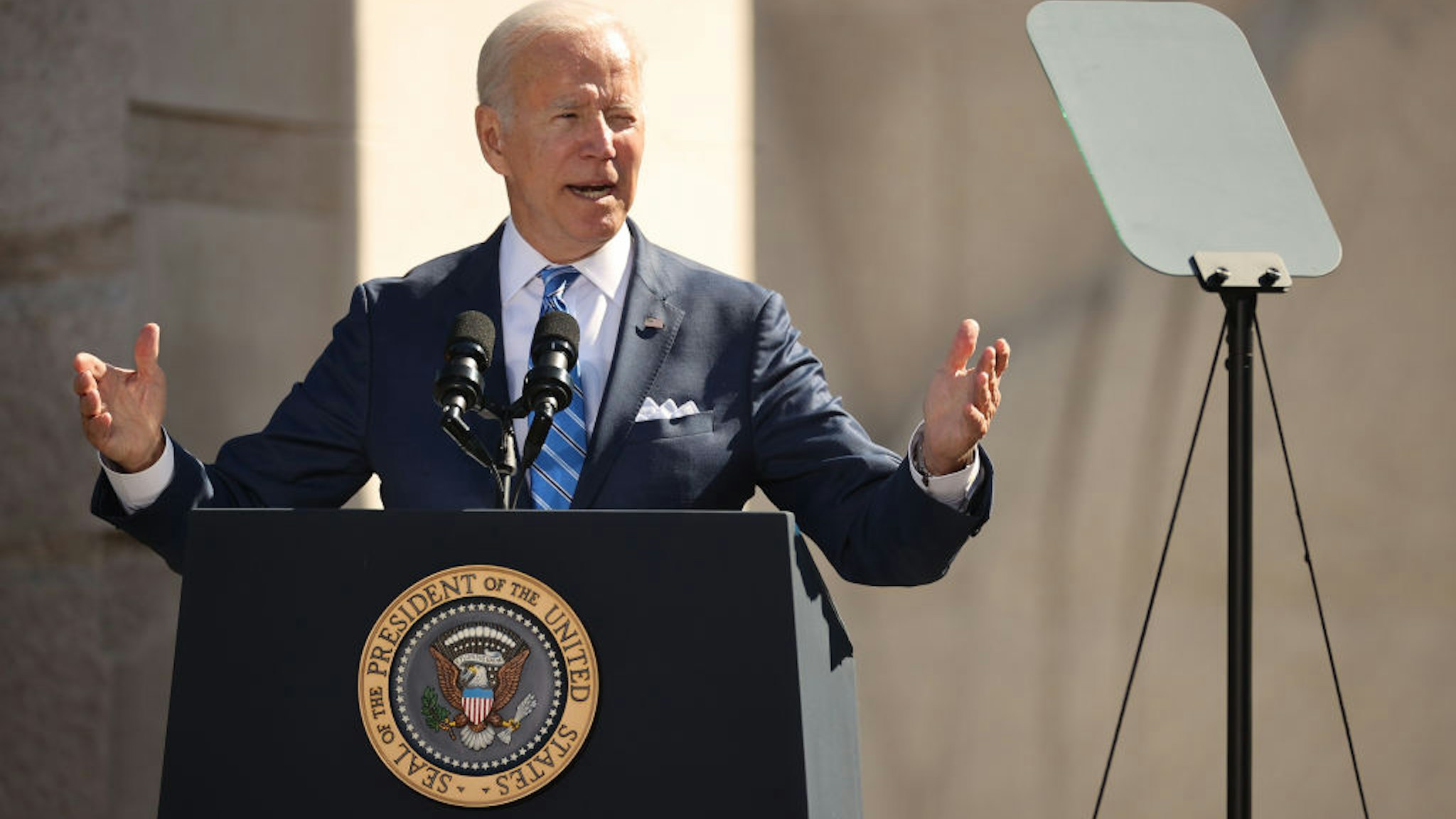 U.S. President Joe Biden delivers remarks during the 10th-anniversary celebration of the Martin Luther King, Jr. Memorial near the Tidal Basin on the National Mall on October 21, 2021 in Washington, DC.