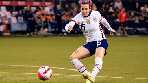 Korea Republic v United States KANSAS CITY, KS - OCTOBER 21: Megan Rapinoe #15 of United States takes a shot at the Korea Republic goal during the first half of the International Friendly match at Children's Mercy Park on October 21, 2021 in Kansas City, Kansas. (Photo by Kyle Rivas/Getty Images)