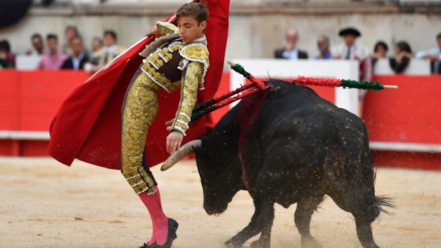 French matador Andy Younes makes a muleta pass on a Garcigrande fighting bull on May 19, 2018 during the Nîmes Pentecost Feria, southern France. (Photo by PASCAL GUYOT / AFP) (Photo credit should read PASCAL GUYOT/AFP via Getty Images)