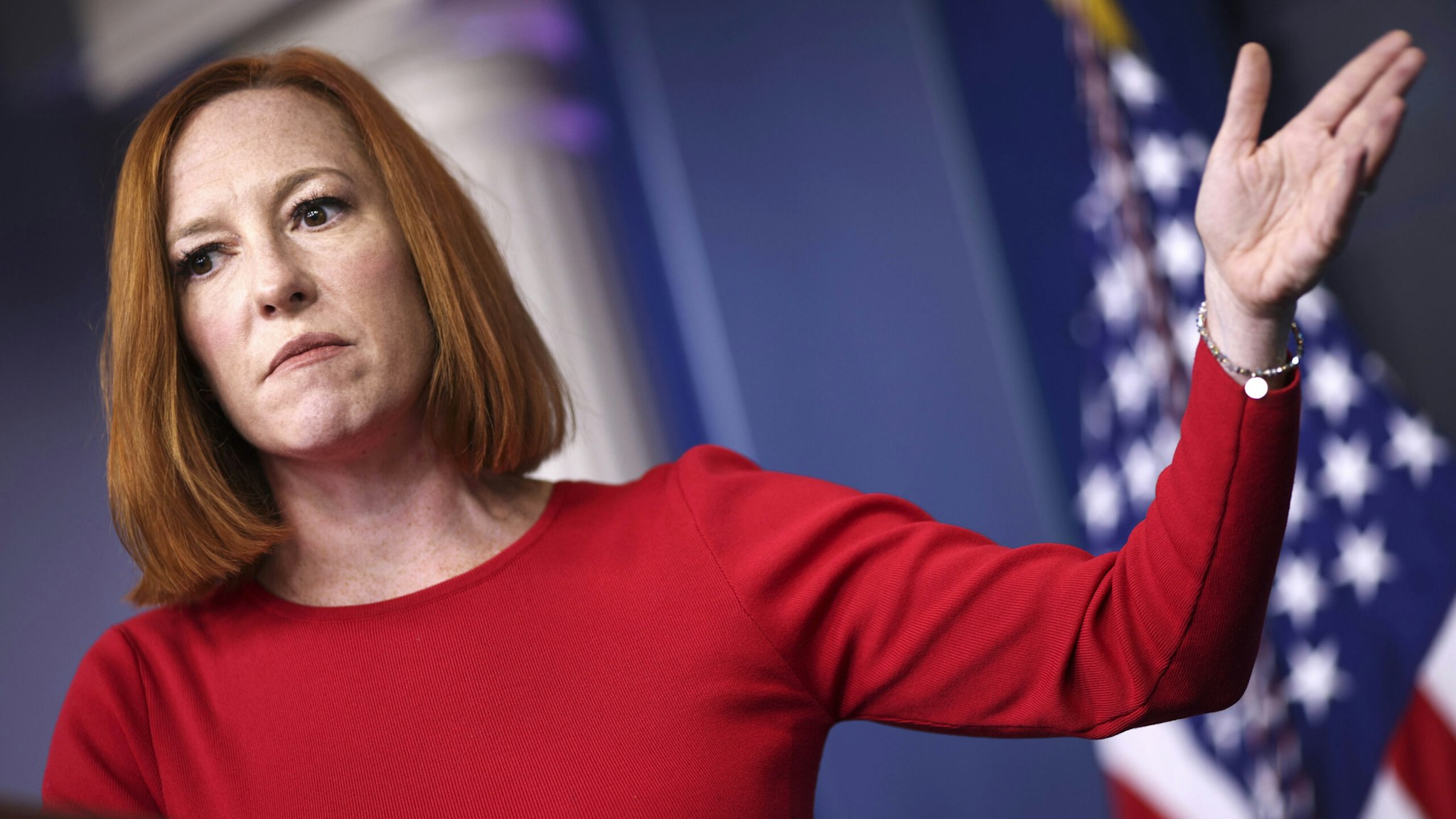 WASHINGTON, DC - OCTOBER 19: White House Press Secretary Jen Psaki speaks during a press briefing at the White House on October 19, 2021 in Washington, DC. Psaki spoke about the ongoing bipartisan infrastructure bill negotiations.