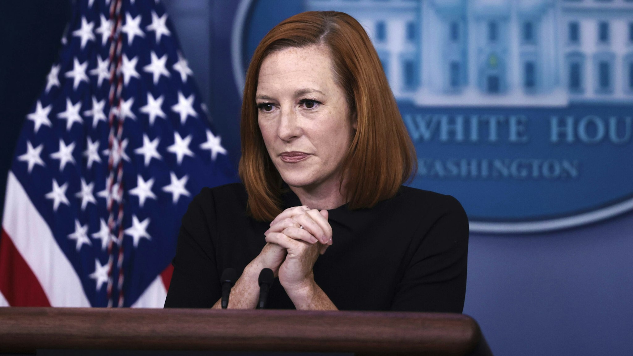 WASHINGTON, DC - SEPTEMBER 30: White House Press Secretary Jen Psaki listens to a question during a press briefing in the James Brady Press Briefing Room of the White House on September 30, 2021 in Washington, DC. Psaki took questions from reporters on numerous topics including the continued negotiations between President Joe Biden and members of Congress over legislation for his Build Back Better agenda.