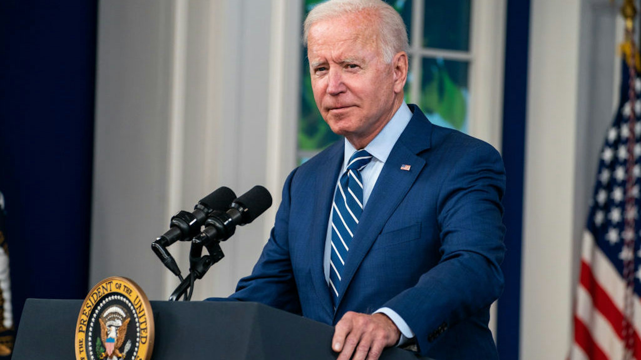 WASHINGTON, DC - SEPTEMBER 27: President Joe Biden speaks before receiving a booster vaccination shot for CoVID19 in the South Court Auditorium of the Eisenhower Executive Office Building on the White House Complex on Monday, Sept. 27, 2021 in Washington, DC. (Kent Nishimura / Los Angeles Times via Getty Images)