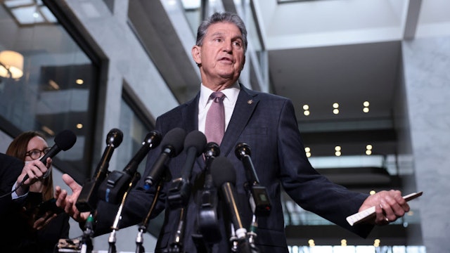WASHINGTON, DC - OCTOBER 06: Sen. Joe Manchin (D-WV) speaks at a press conference outside his office on Capitol Hill on October 06, 2021 in Washington, DC. Manchin spoke on the debt limit and the infrastructure bill. (Photo by Anna Moneymaker/Getty Images)