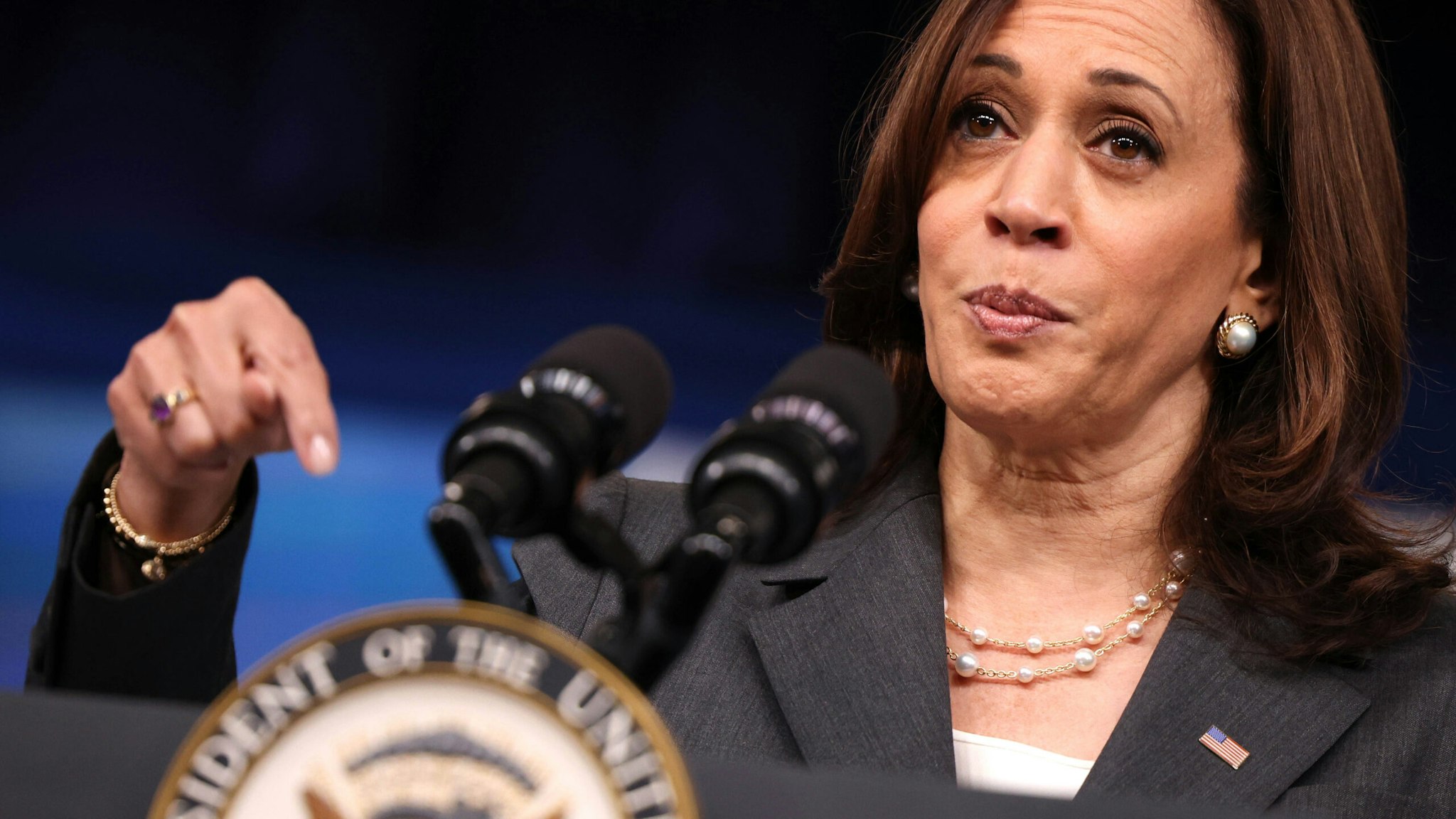 WASHINGTON, DC - JULY 27: U.S. Vice President Kamala Harris gestures as she delivers remarks in the South Court Auditorium in the Eisenhower Executive Office Building on July 27, 2021 in Washington, DC. Harris addressed the National Bar Association virtually and stressed the importance of voting rights legislation.