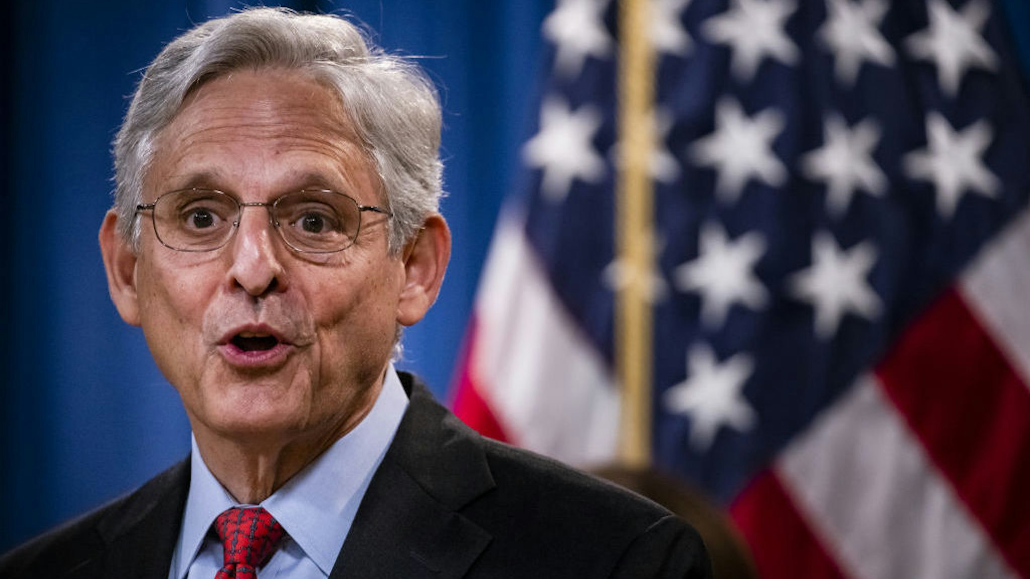 Merrick Garland, U.S. attorney general, speaks during a news conference at the Department of Justice in Washington, D.C., U.S., on Thursday, Sept. 9, 2021. The U.S. sued Texas to block a law that effectively bans abortions in the state after six weeks, calling it unconstitutional. Photographer: Samuel Corum/Bloomberg
