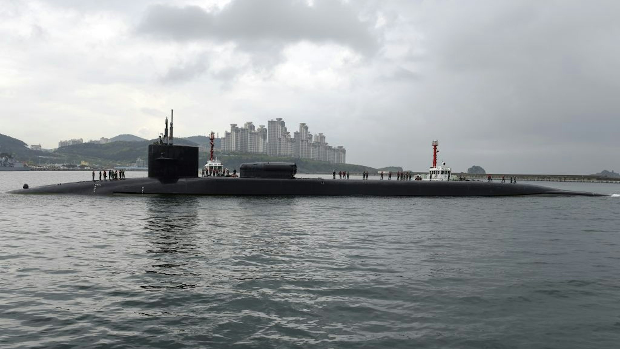 BUSAN, SOUTH KOREA - APRIL 25: In this handout photo provided by the U.S. Navy, the guided-missile submarine USS Michigan arrives on April 25, 2017 in Busan, South Korea. The USS Michigan is in South Korea for a scheduled port visit while conducting routine patrols throughout the western Pacific.