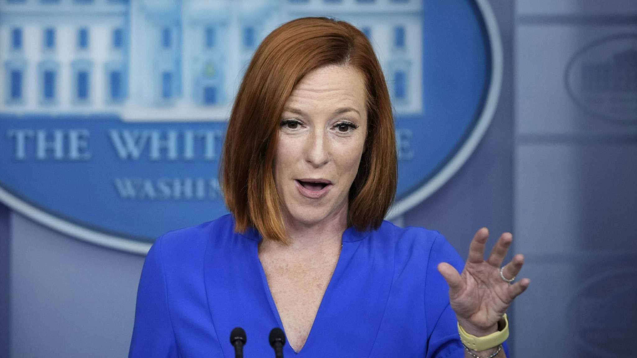 WASHINGTON, DC - OCTOBER 14: White House Press Secretary Jen Psaki speaks during the daily press briefing at the White House October 14, 2021 in Washington, DC. Psaki announced that President Joe Biden will deliver the keynote address at the 40th Annual National Peace Officers' Memorial Service on Saturday at the U.S. Capitol.